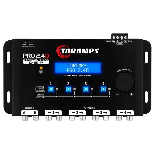 Taramps Pro 2.4D Dynamic Peak DSP Crossover Procesador y ecualizador de audio de coche de señal digital completa, entrada RCA y de alto nivel, salida de 4 canales, entrada de 5 bandas, Eq 12