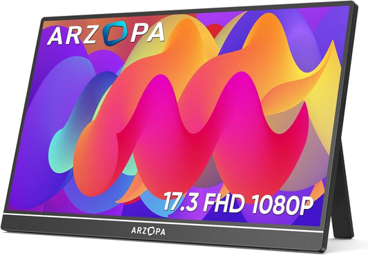 Monitor Portátil ARZOPA 17.3 Pulgadas 1080P FHD IPS Soporte Integrado HDMI USB C Pantalla Externa Gaming con Altavoces Duales