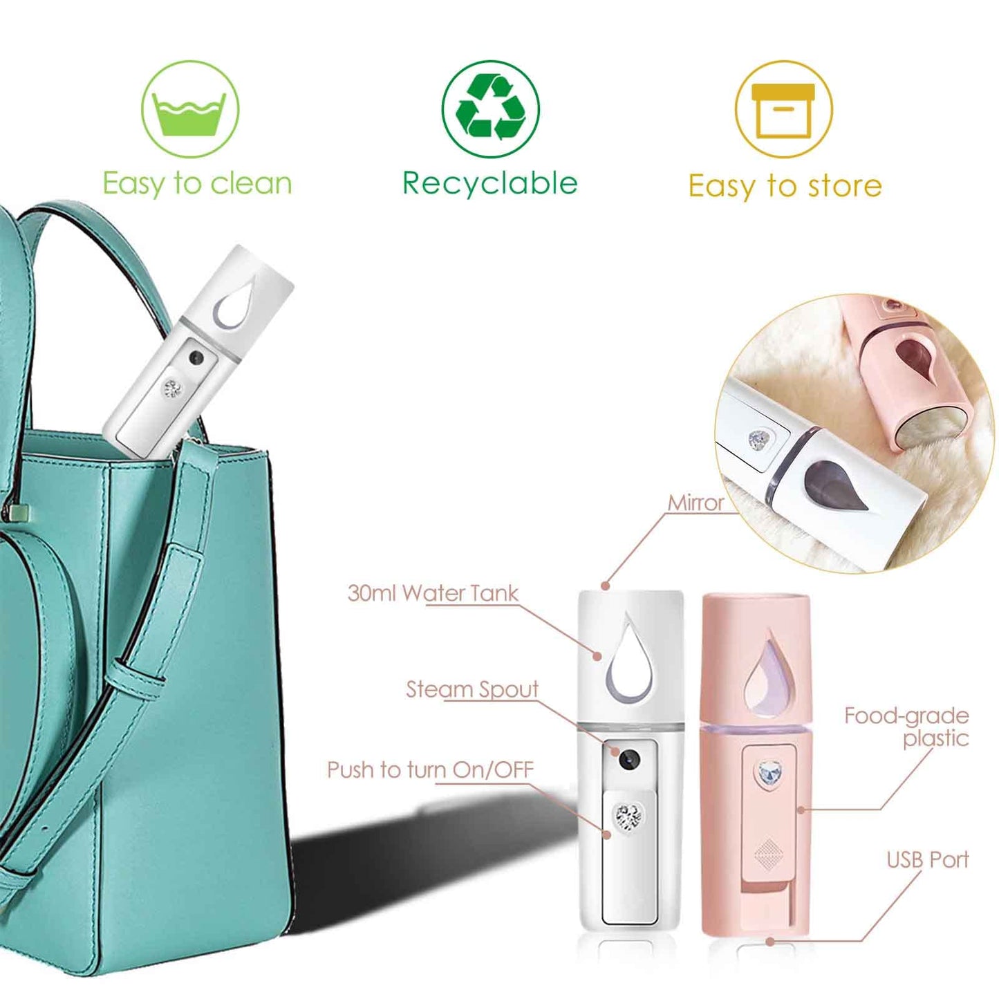 GIVERARE 2 Paquete Nano Vaporizador Facial, Práctico Mini Mister Con Espejo, Rociador de Niebla Recargable Usb, Tanque de Agua Visual Hidratante E Hidratante para Rostro, Maquillaje, Cuidado de La Pie