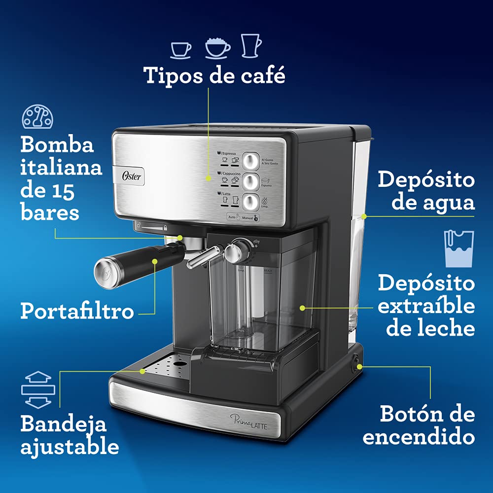 Oster® Cafetera Automática PrimaLatte™, para Espresso, Cappuccino y Latte, Plateada