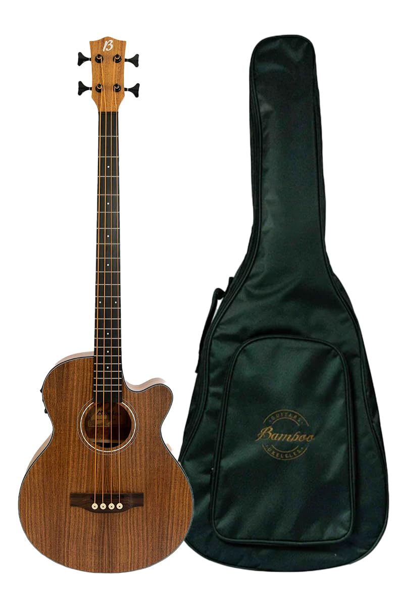 BAMBOO, Bajo Electroacústico Koa, Escala Larga con funda acolchada y ecualizador de 3 bandas, control de volumen y afinador cromático. Tapa, aros y fondo de Koa.