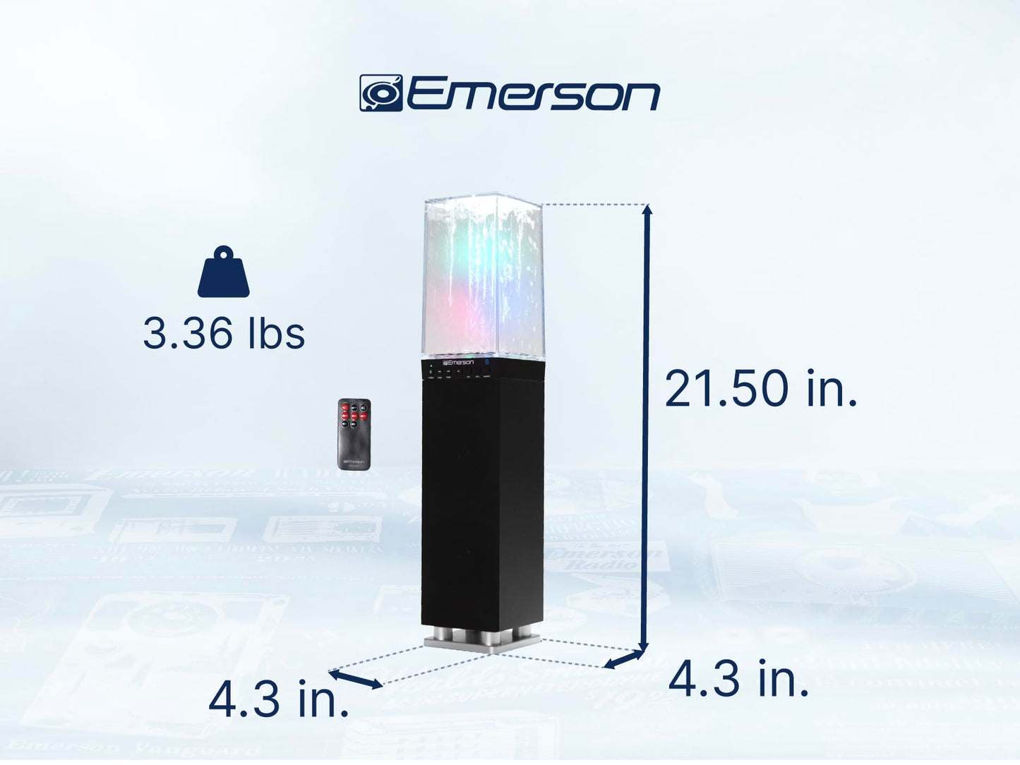 Emerson EHS-2001 Sistema de Altavoces de Torre de luz de Agua con Bluetooth y Radio FM, Altavoz inalámbrico de pie con Fuente de Agua LED, Sonido cristalino, transmisión Bluetooth