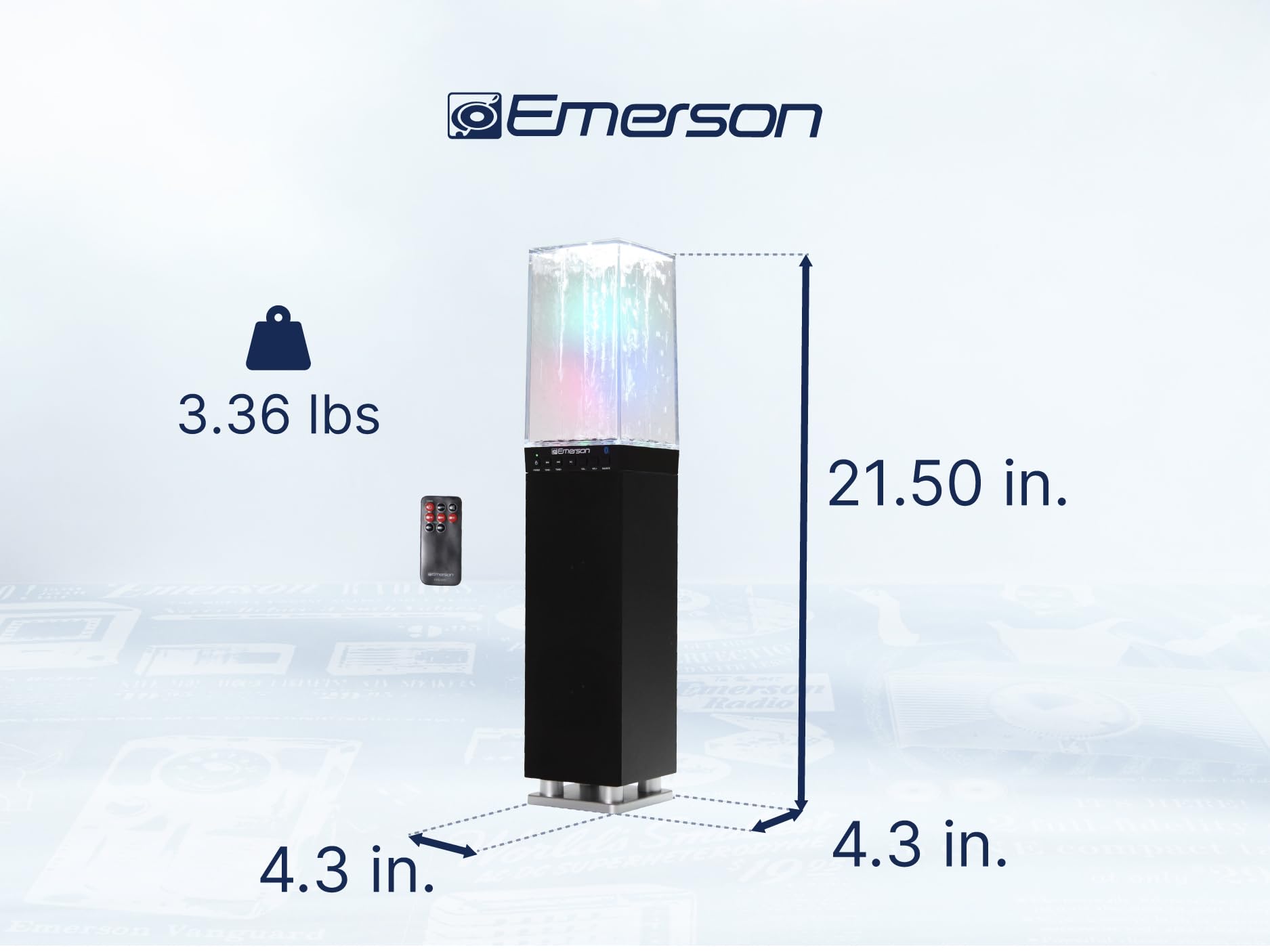 Emerson EHS-2001 Sistema de Altavoces de Torre de luz de Agua con Bluetooth y Radio FM, Altavoz inalámbrico de pie con Fuente de Agua LED, Sonido cristalino, transmisión Bluetooth