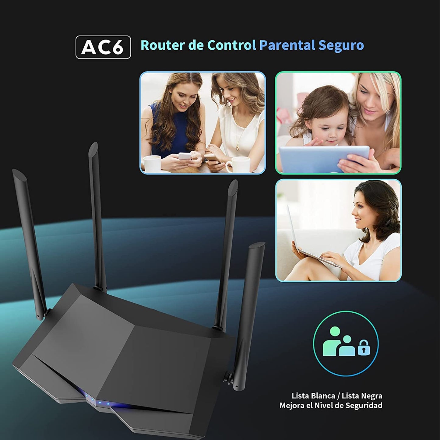 Tenda AC6 WiFi Router Inalámbrico Inteligente, Enrutador AC1200, Doble Banda de 2.4G y 5G, 4 Antenas Externas de 6dBi, MU-MIMO, Beamforming, Ahorro de Energía, Configuración Fácil, Negro