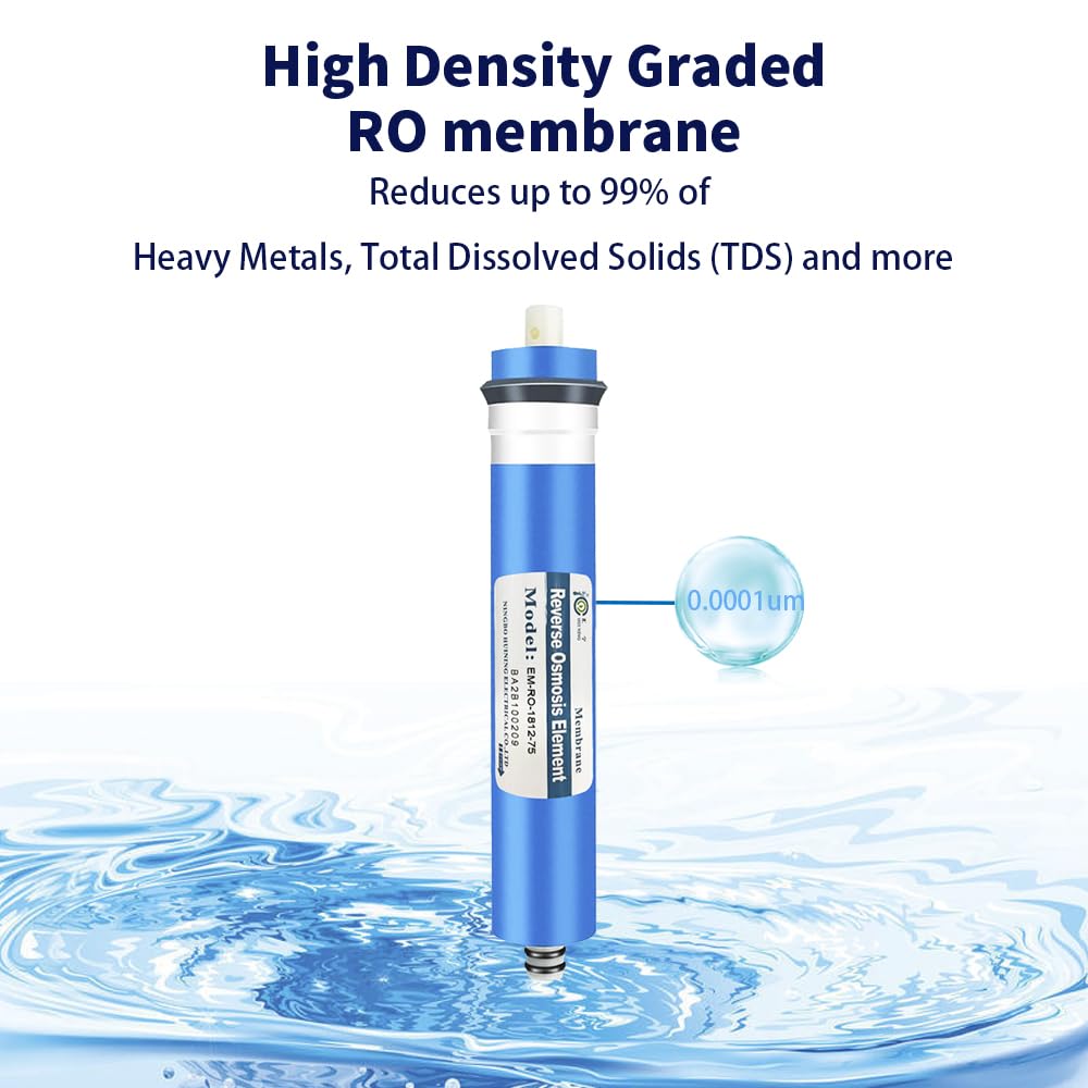 Huining Membrana de ósmosis inversa 50GPD 75GPD 100GPD-1812/2012 Kit de carcasa de membrana RO con conector, válvula de retención, juego completo de llaves para sistema de filtración de agua doméstica (juego 75GPD)