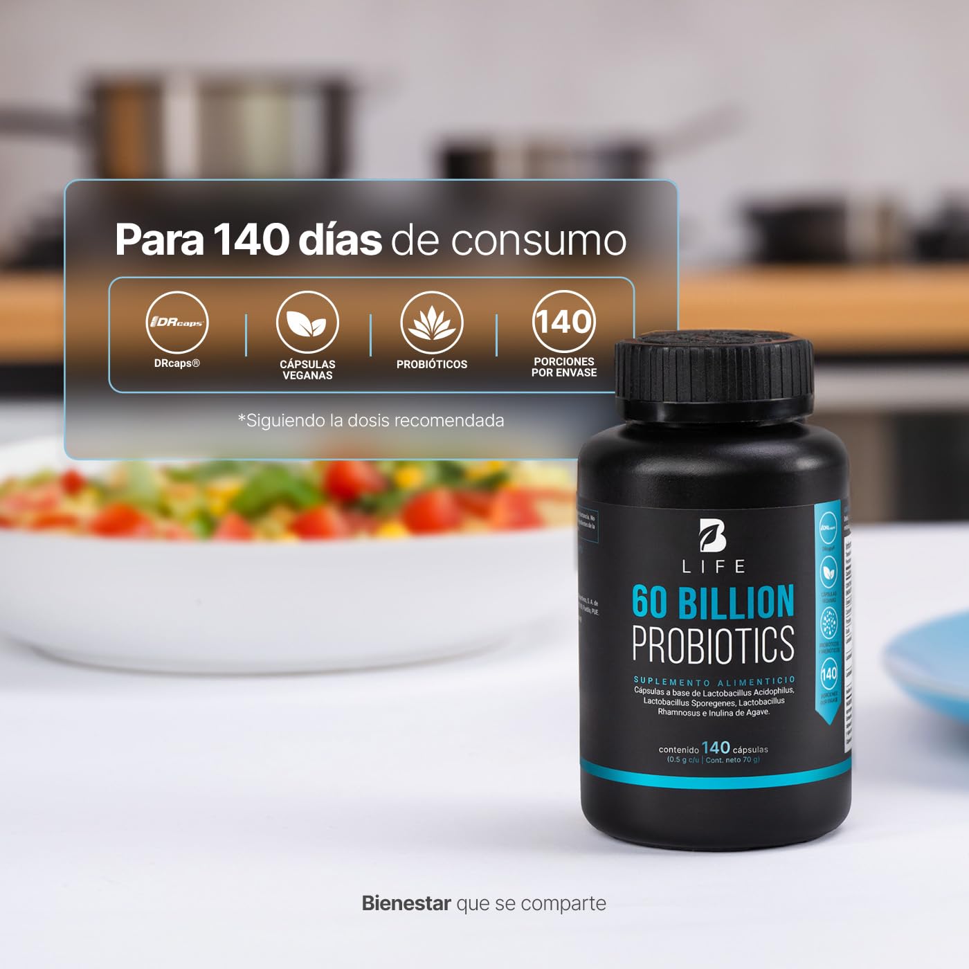 B Life Probióticos 60 Billones UFC | 140 Cápsulas | 3 Cepas De Probióticos | Liberación Retardada | Tecnología Patentada DRcaps | Adicionados Con Inulina De Agave | 60 Billion Probiotics.