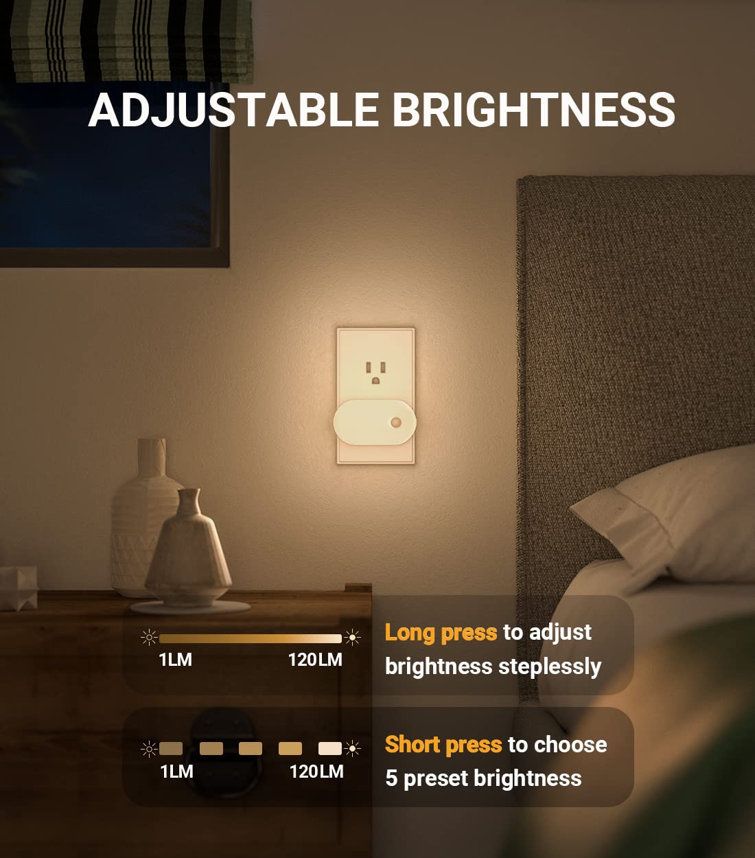LYRIDZ - Luz nocturna con sensor de movimiento, luz nocturna inteligente de 1 a 120 lm, luz blanca cálida LED con brillo ajustable continuo para dormitorio, cocina, escaleras, pasillo, paquete de 4
