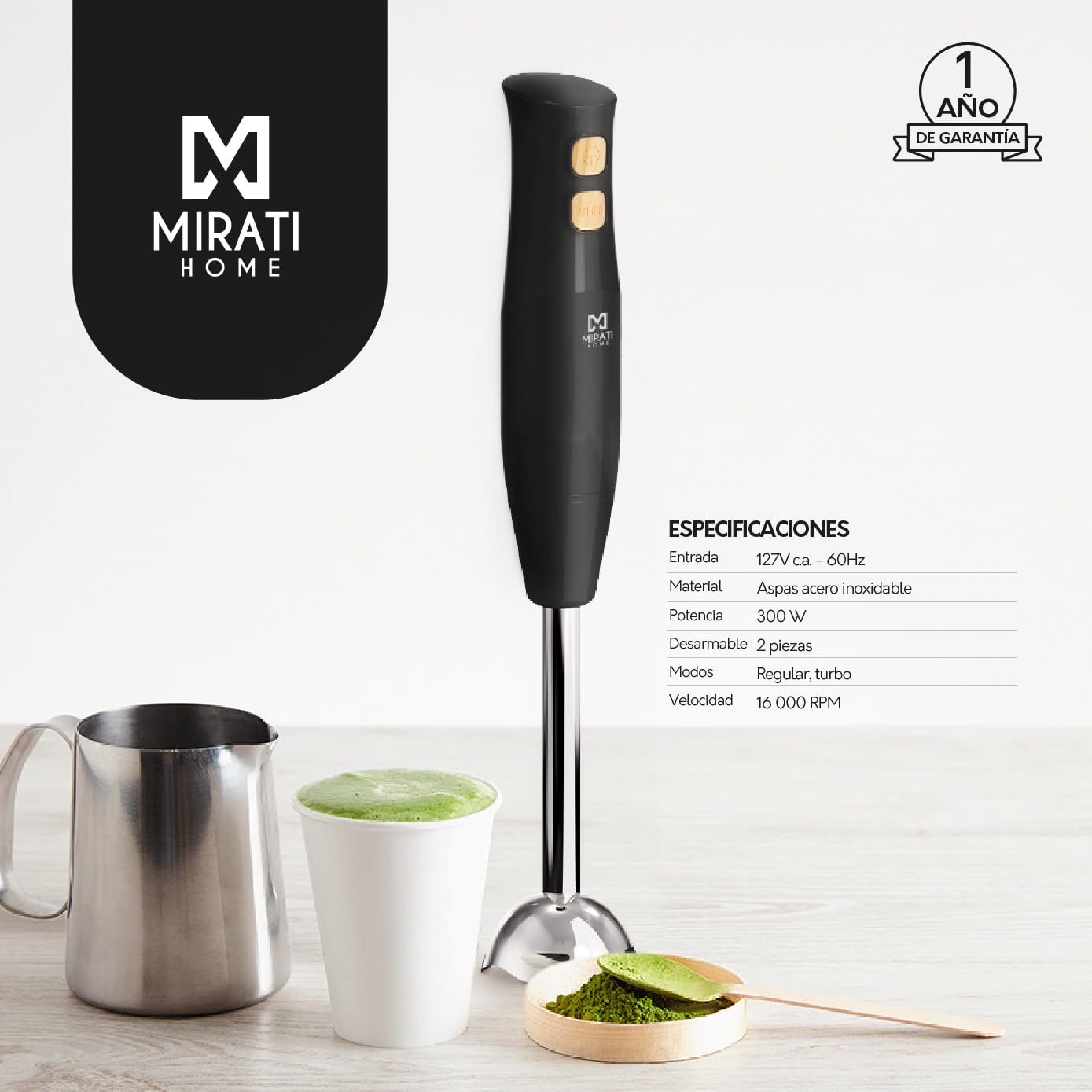 Licuadora de inmersión Mirati. 300 Watts, desmontable. Color negro. Modelo MBB02N