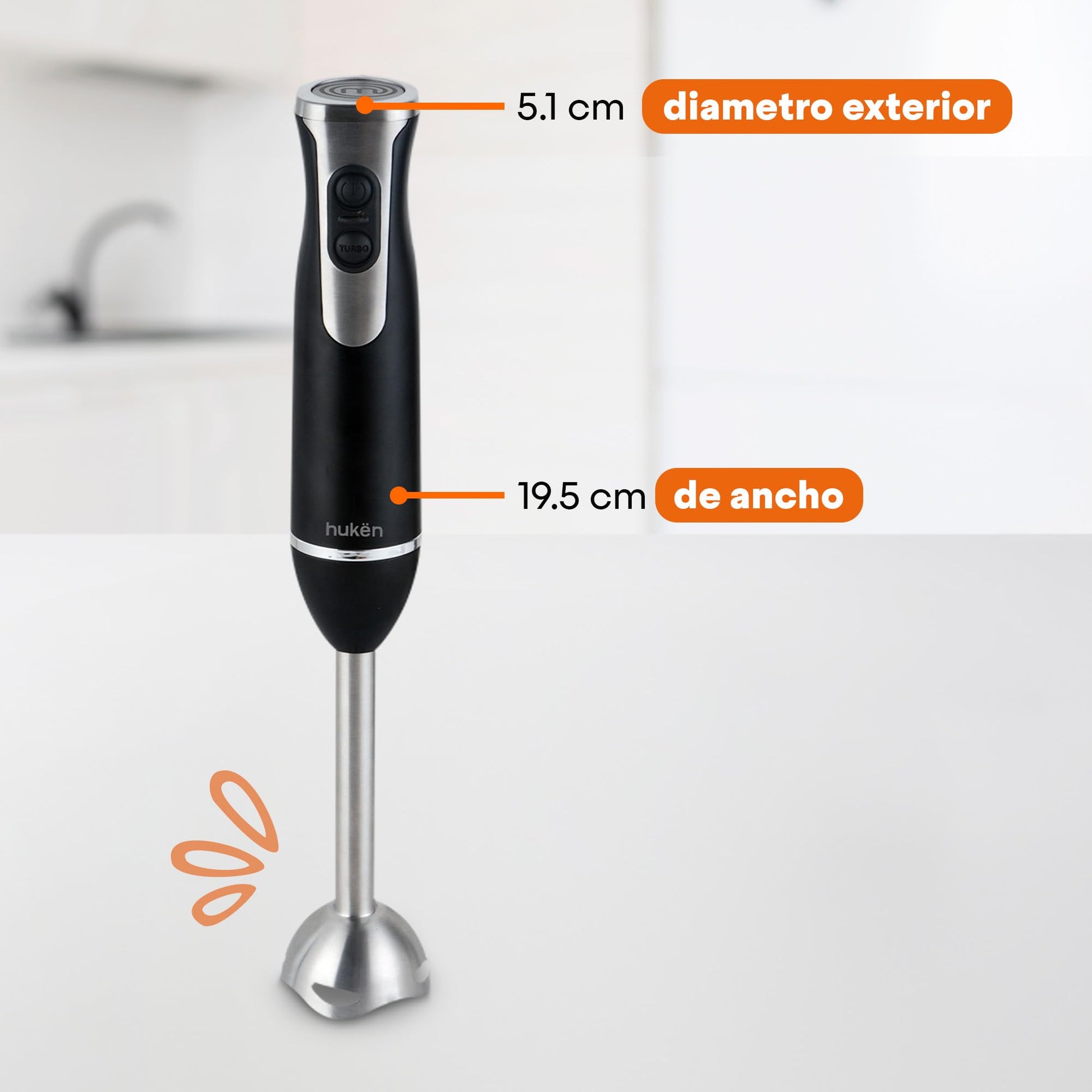 Licuadora de inmersión con Chopper MasterChef by Hukën, Espirilizador, Batidor,Acero inoxidable, Licuadora de mano, función turbo 400 W, modelo MK-HBS-7