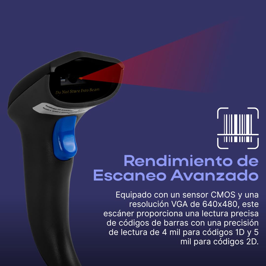 Escáner de Código de Barras 2D Inalámbrico Bluetooth Alta Velocidad 65m para Inventario y Punto de Venta