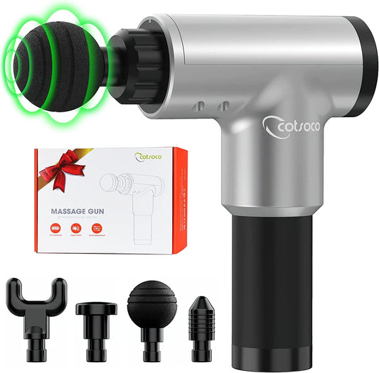 Pistola de Masaje Muscular, Cotsoco Handheld Deep Tissue Massage Gun, Masajeador Muscular de Tejido Profundo para Relajar Los Músculos Aliviar el Dolor, 4 cabezales y 6 Velocidades Ajustables(Plateado)