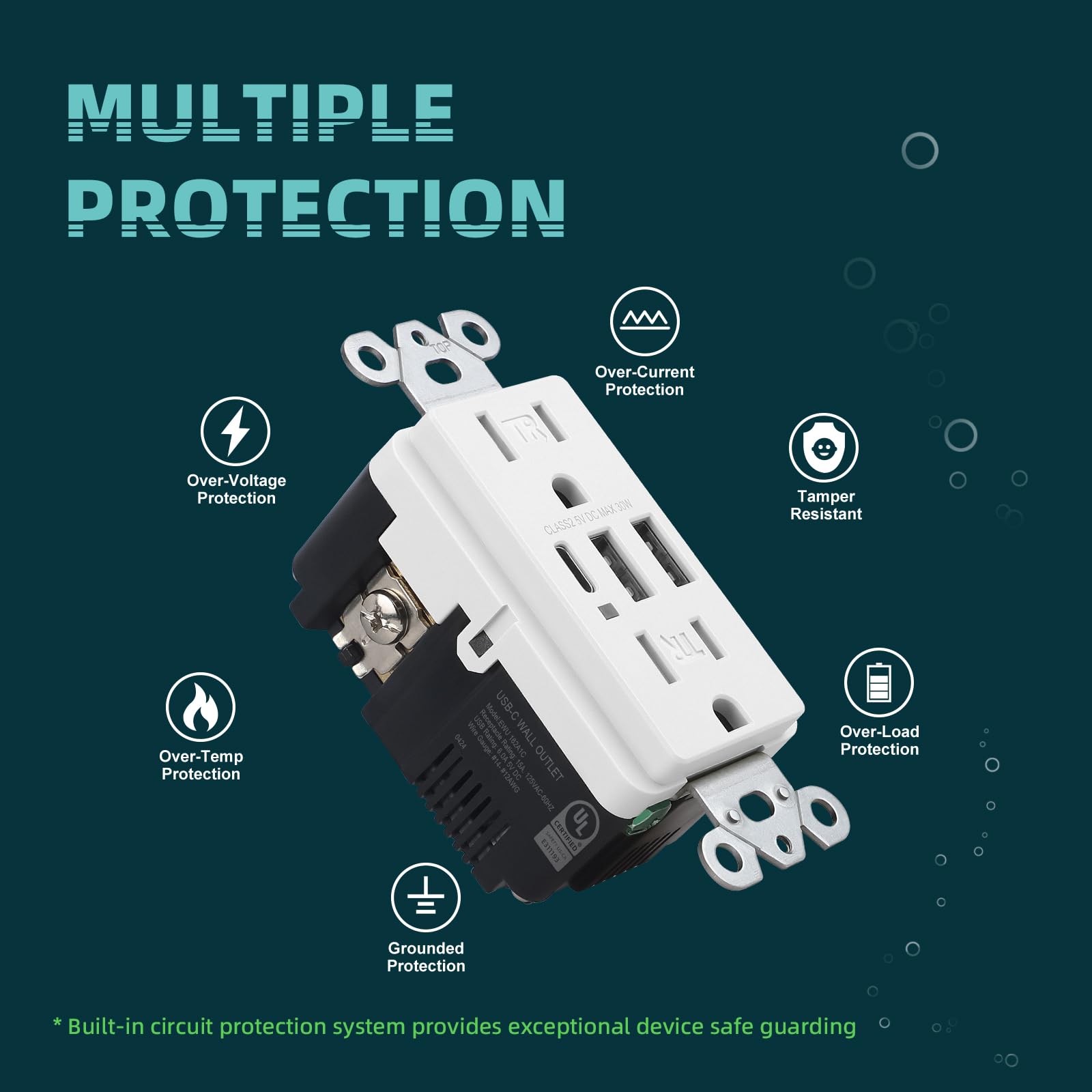 TOPELER - Tomacorrientes USB de pared, receptáculos de salida USB C de 3 puertos, de 30 W 6.0 A, 15 A, resistente a manipulaciones puertos USB C, certificación UL y FCC, placa sin tornillos, blanca