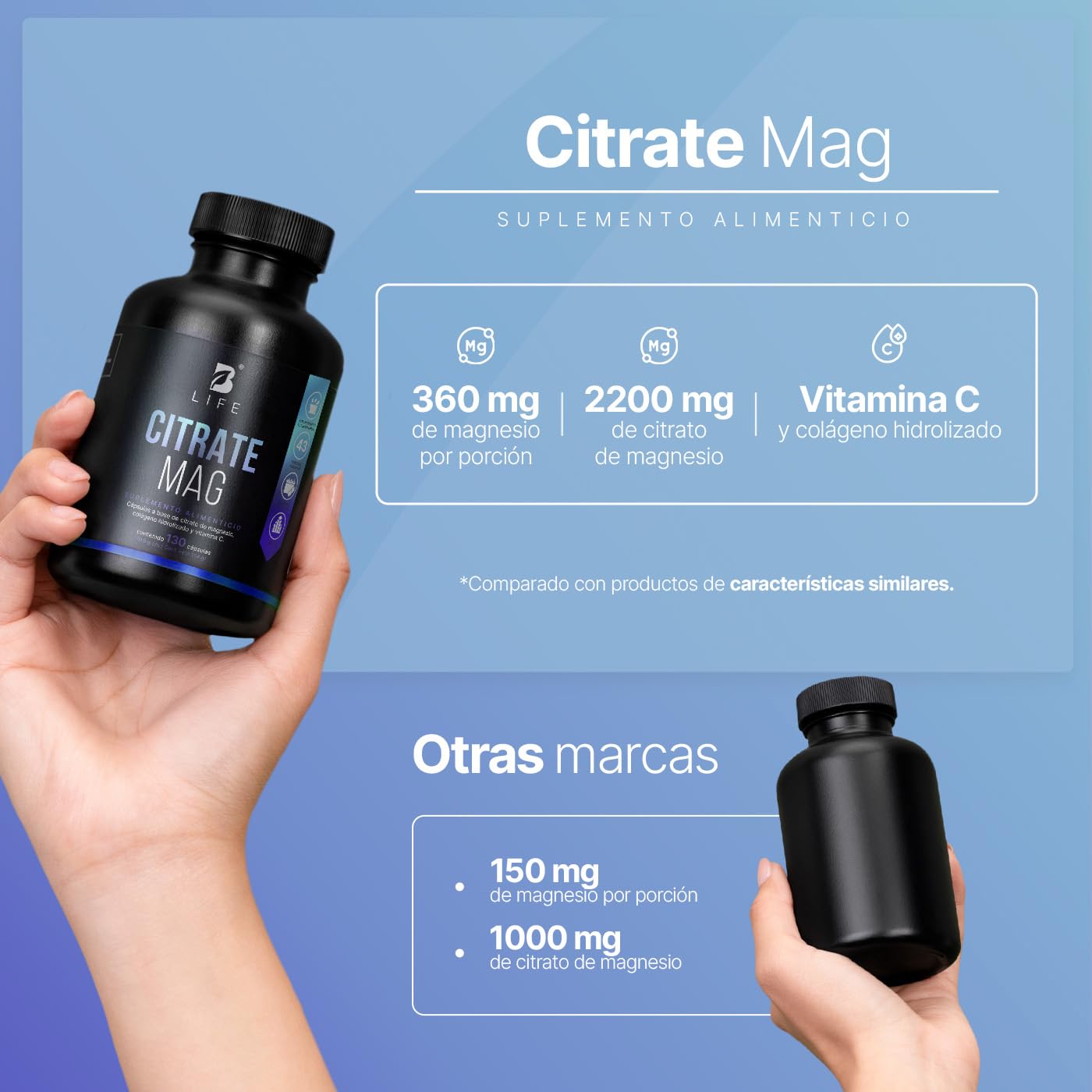 B Life Citrato de Magnesio Puro | 130 cápsulas | 2400 mg por porción | Alta absorción | Adicionado con Vitamina C y Colágeno Hidrolizado | Citrate Mag.