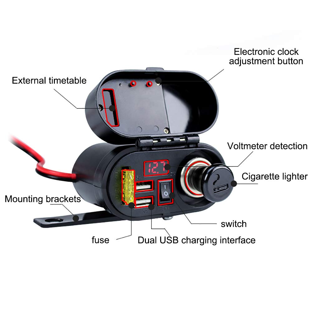 Cargador USB para Motocicleta, DC 12V / 24V Encendedor de Cigarrillos para Motocicleta Puertos de Carga USB Duales Voltímetro Reloj Pantalla de Tiempo Motor Cargador de Teléfono