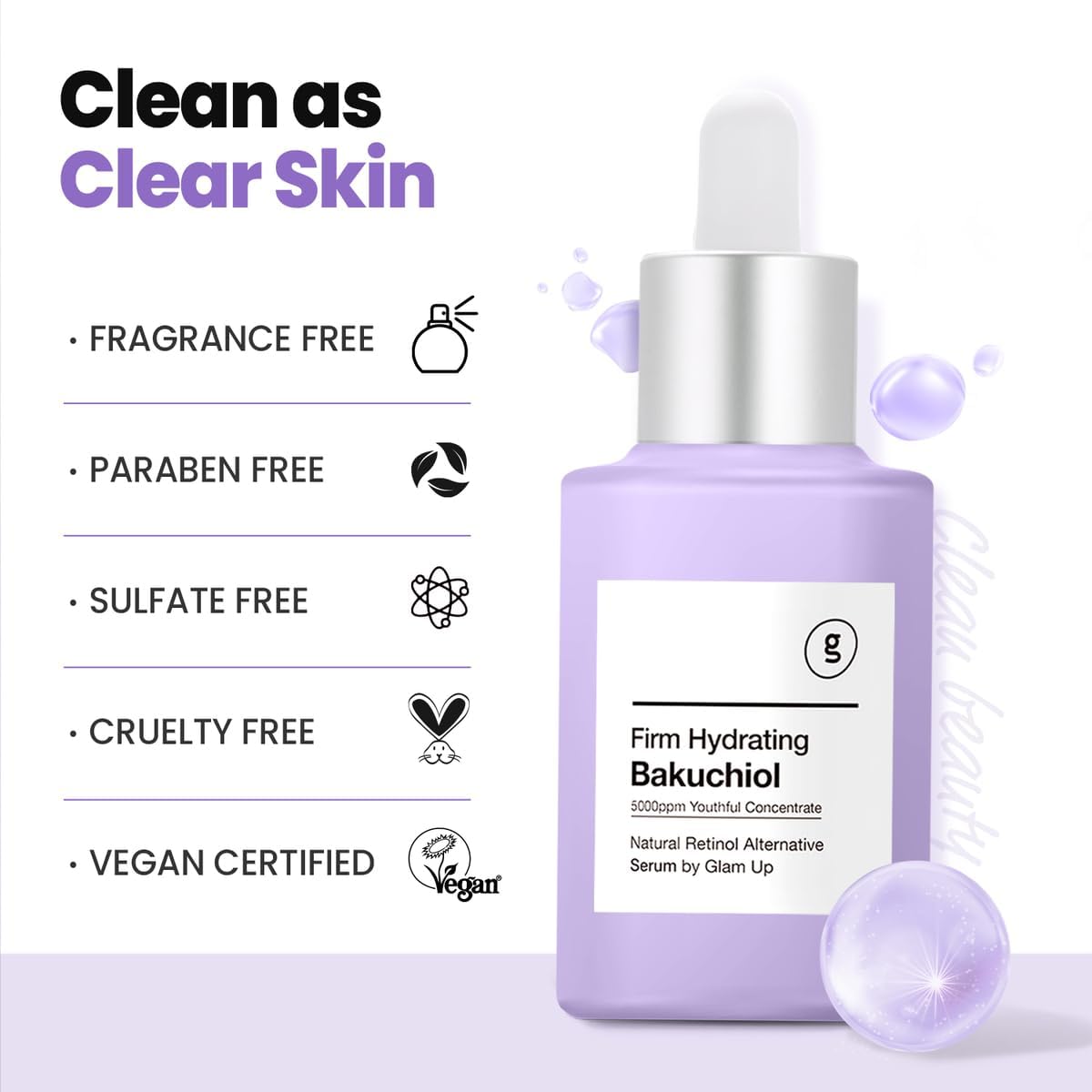 Glam Up Firm Hydrating Bakuchiol Serum - Anti-Aging Retinol Alternative Serum, Blur Fine Lines, Wrinkles, and Dark Spots, Hydrate Facial Skin, Cruelty-Free (1.01 Fl Oz)