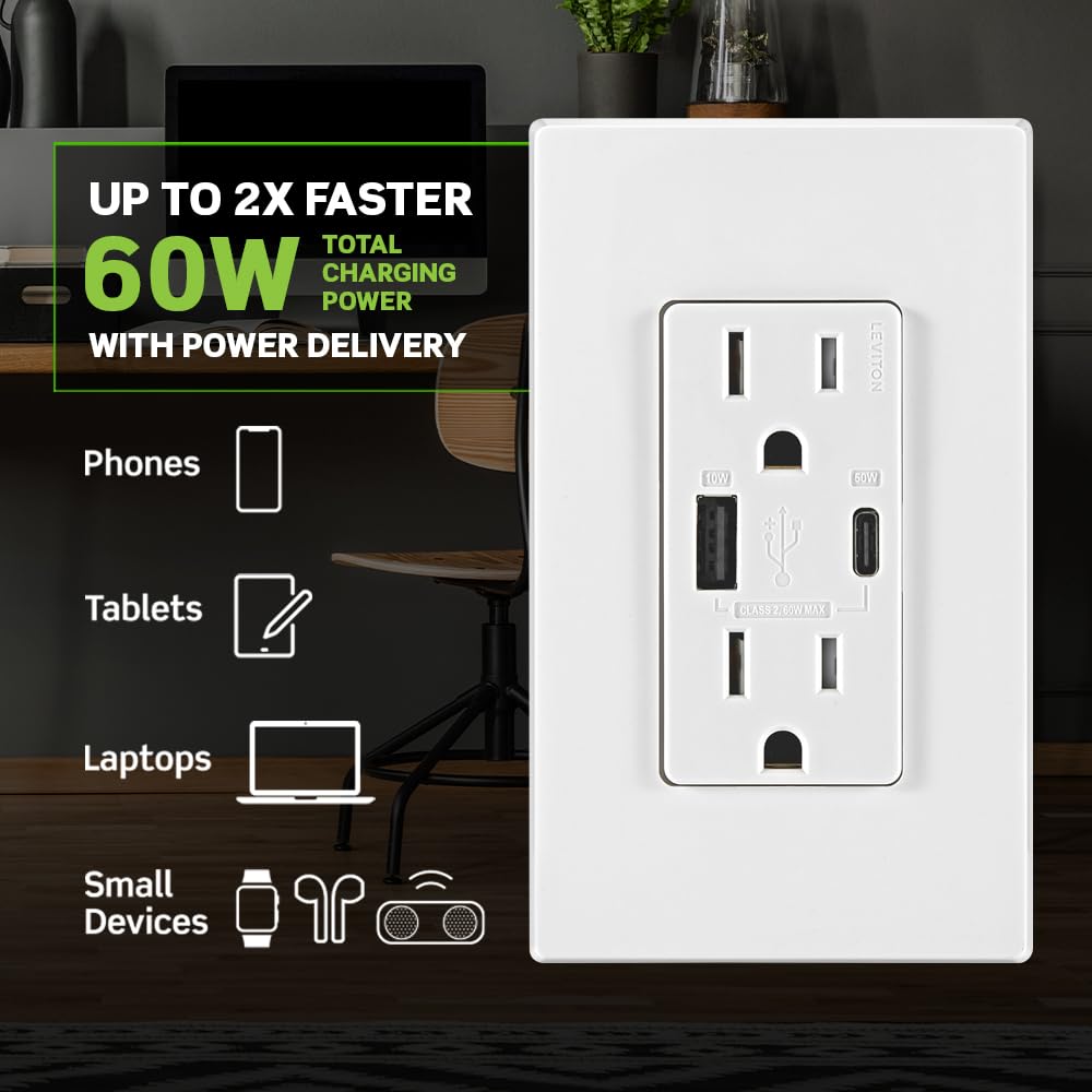 Leviton T5634-W 60W (20V a 2.5A+ 5V a 2A) Cargador USB de Doble Tipo A/Tipo-C para Entrega de energía en la Pared con Toma de 15A Resistente a manipulaciones, Cargador USB para Smartphones, tabletas,