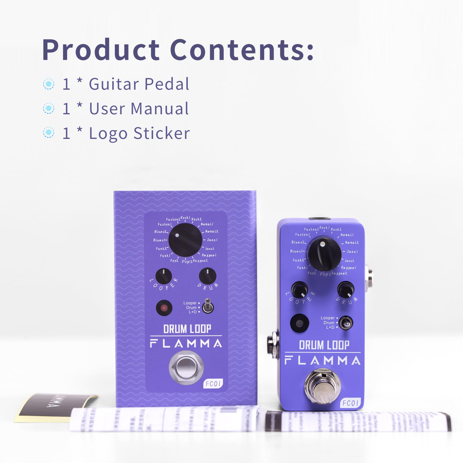 Pedal Looper de Guitarra Flamma FC01 Negro con Máquina de Tambores 2 en 1