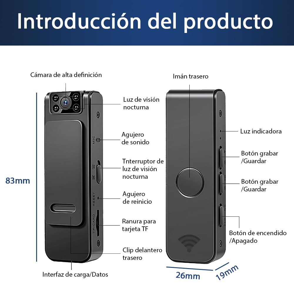 BILIBON 16GB Mini Grabadora Voz Digital con Cámara, Grabadora Recargable Portátil Magnética, WiFi Incorporado para Conectar Al Teléfono Móvil, Cámara Ajustable a 90°, Grabación Gran Angular 1080p HD