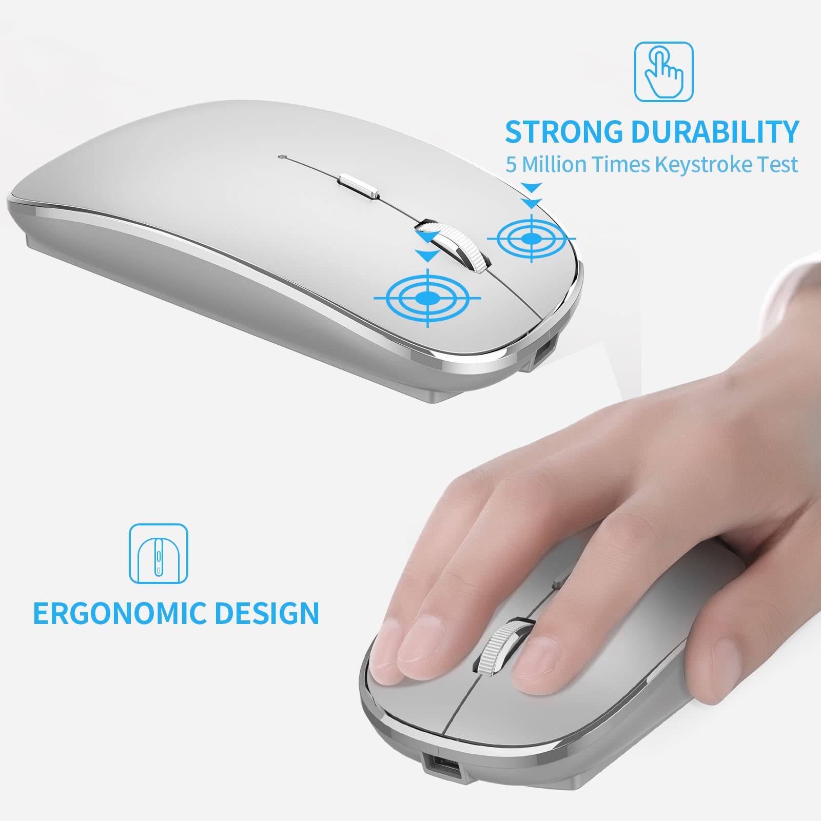 Leolee Mouse Inalámbrico, Ratón Inalámbrico Recargable, Mouse Wireless con 2.4G, óptico Silencioso Click, Receptor USB y Tipo-c Adaptador 3 Ajustable dpi para Computadora, Portátil, PC, Mac (Gris)