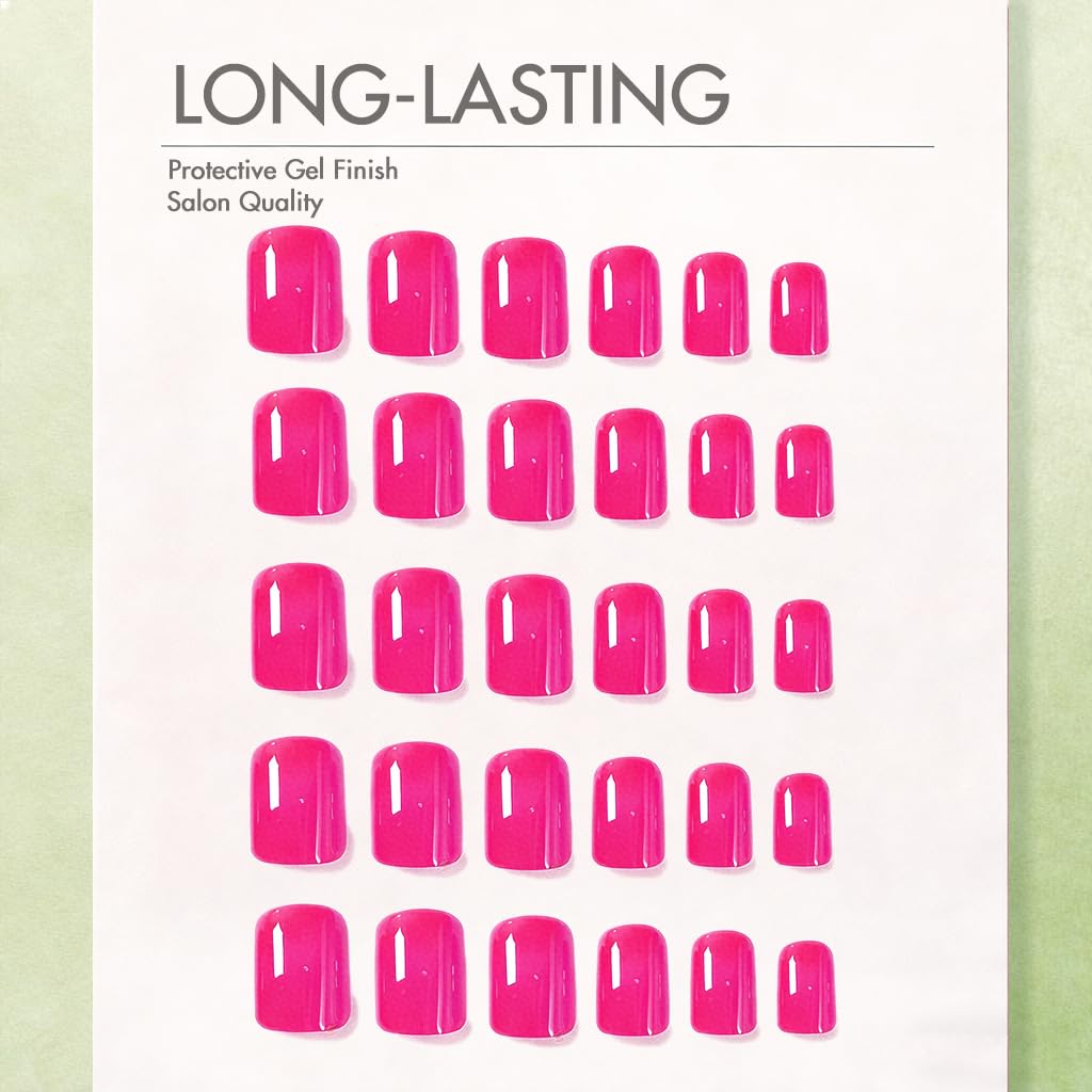 SXVME Uñas postizas cortas cuadradas de gel suave, 30 piezas, 15 tamaños, rosa fucsia, uñas postizas cortas, reutilizables, gruesas, con pegamento, vibrantes.