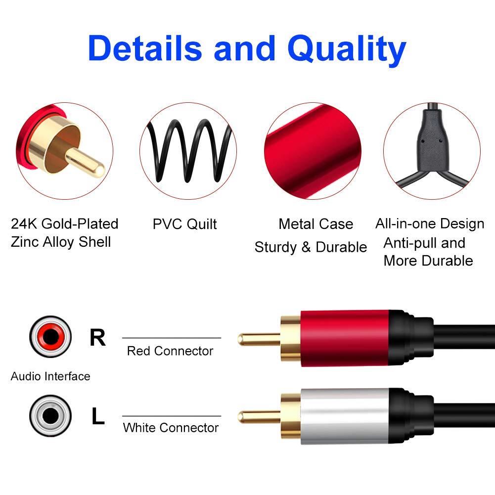 Cable de Audio Estéreo Yeung Qee Dorado 2RCA Macho 10 Pies Doble Blindado para Cine en Casa y Consola de Juegos