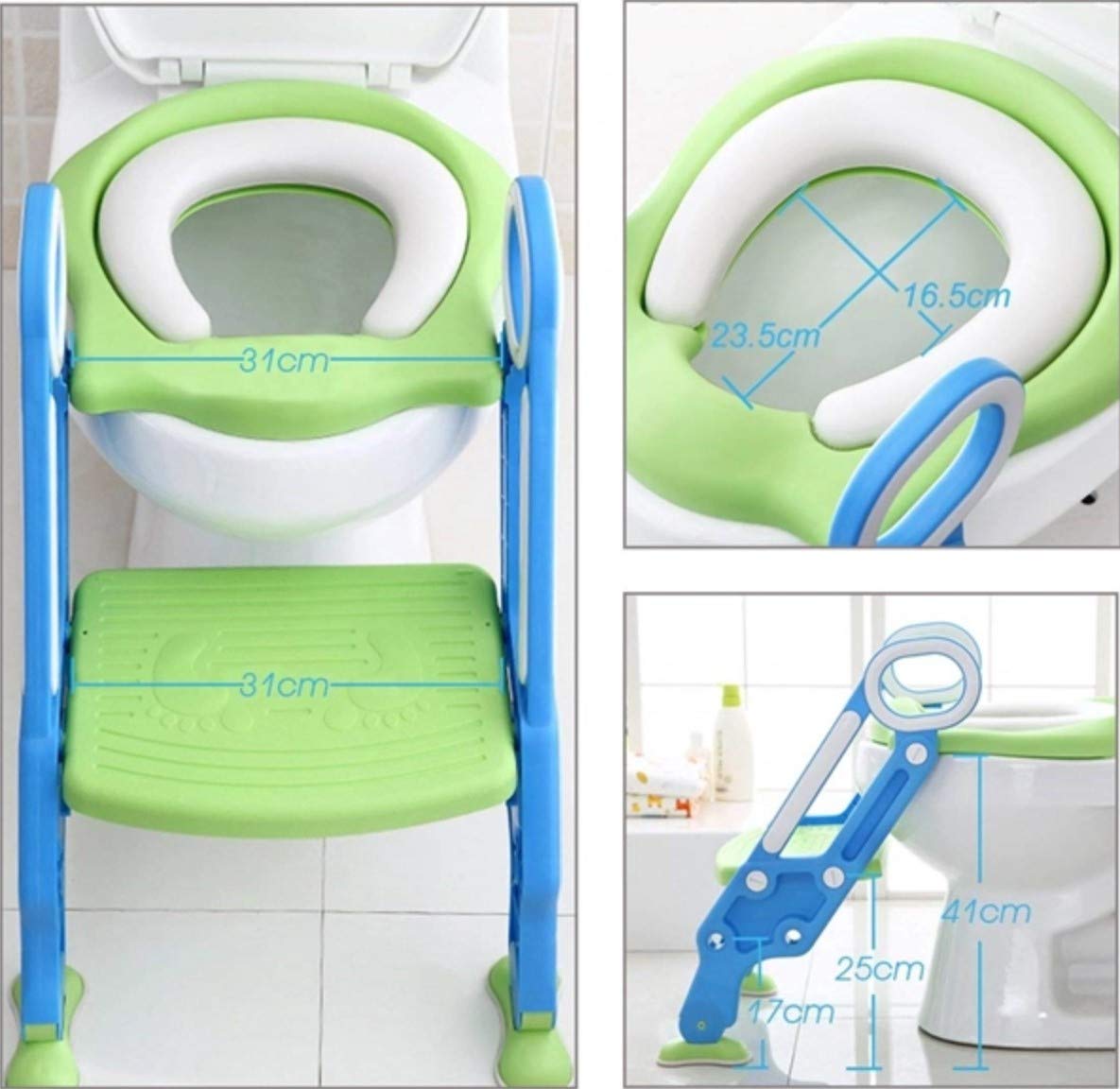 Asiento Entrenador para Inodoro PAPU BABY Verde Azul Acolchonado con Escalera