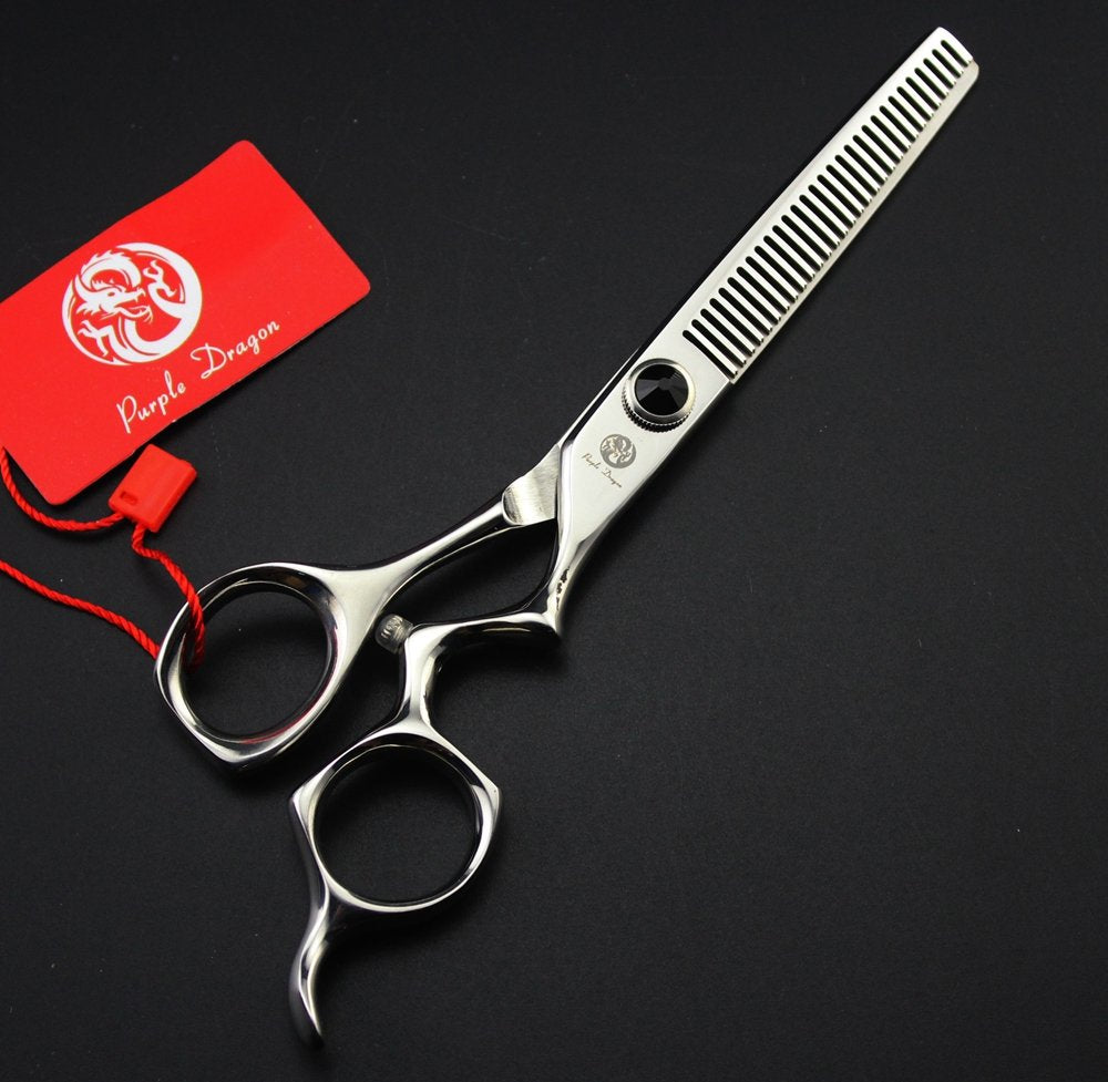 Purple Dragon Tijeras de Corte de Cabello 6.0 Pulgadas Acero Inoxidable Japonés 440C Filo Afilado Color Plata con Bolsa - Perfectas para Barbero, Salón y Peluquero