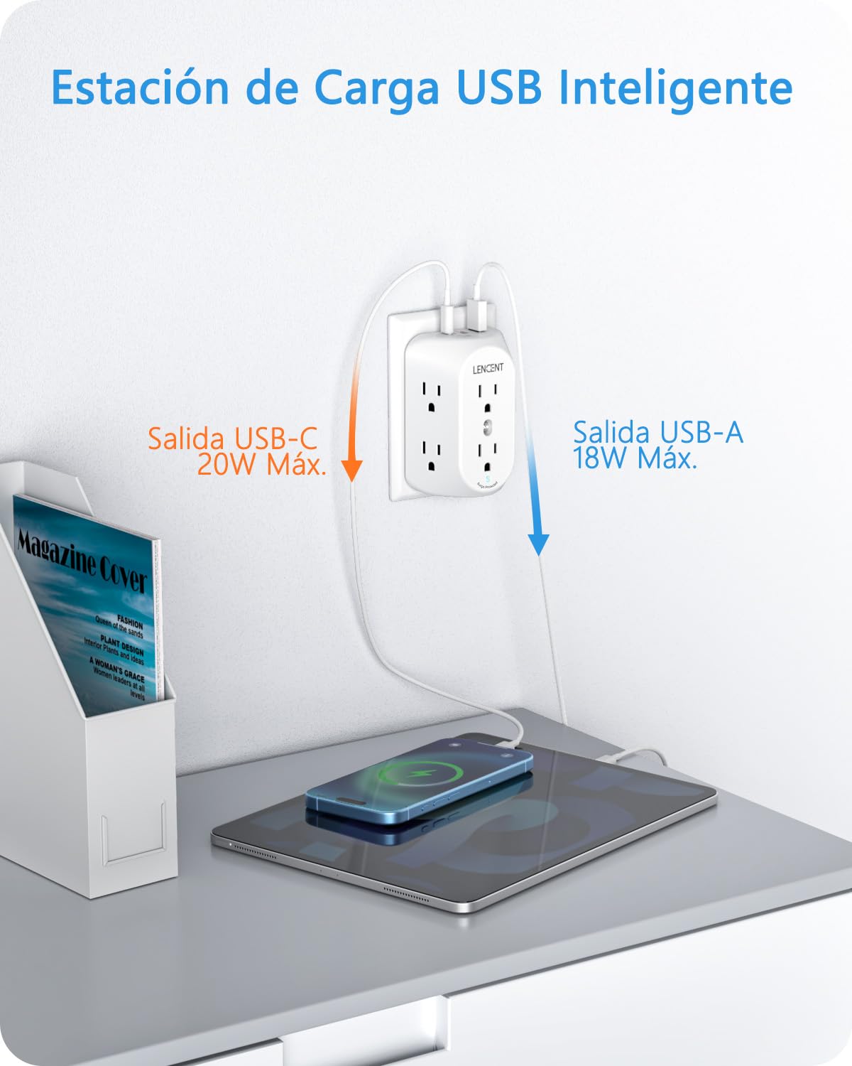 LENCENT Multicontacto Pared USB, Adaptador de Enchufe 3 a 2 Clavijas con 6 Tomas AC, Puerto PD 20W y 2 Puertos USB A, 1728J Protección contra Sobretensiones, Contactos de Pared para Hogar Oficina
