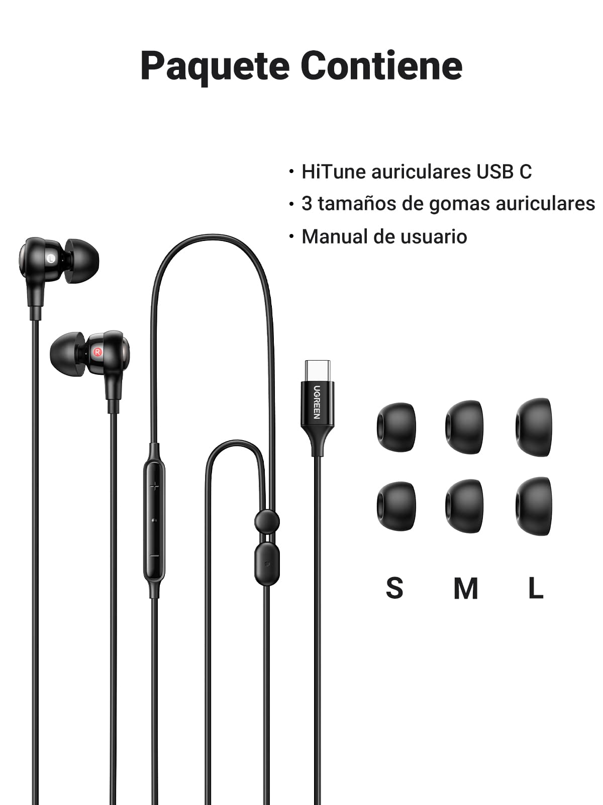 Audífonos UGREEN USB C Negro Cancelación de Ruido HiFi Stereo con Micrófono y Control de Volumen