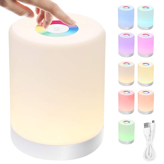 Luz de Noche Recargable, MTQ 7 Colores Lámpara de Mesa con Sensor de Luz Nocturna Portátil, Regulable (Tres Intensidades), Control Multicolor, Cambio de Color RGB para Habitación, Cámping