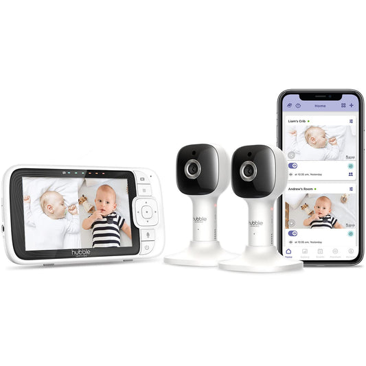 Hubble Connected Nursery PAL Cloud Individual Smart Wi-Fi habilitado para bebé Monitor con Visor de Unidad Principal de Color HD de 5 Pulgadas, 2 Unidades de cámara, Sonidos calmantes precargados,