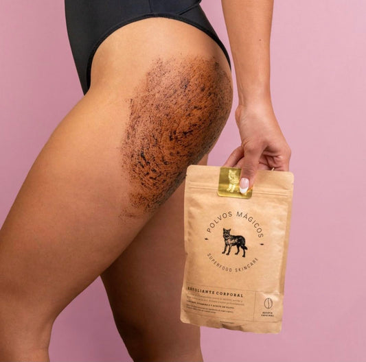 Exfoliante Corporal Polvos Mágicos Café Orgánico y Aceite de Olivo Anticelulitis y Estrías para una Piel Perfecta