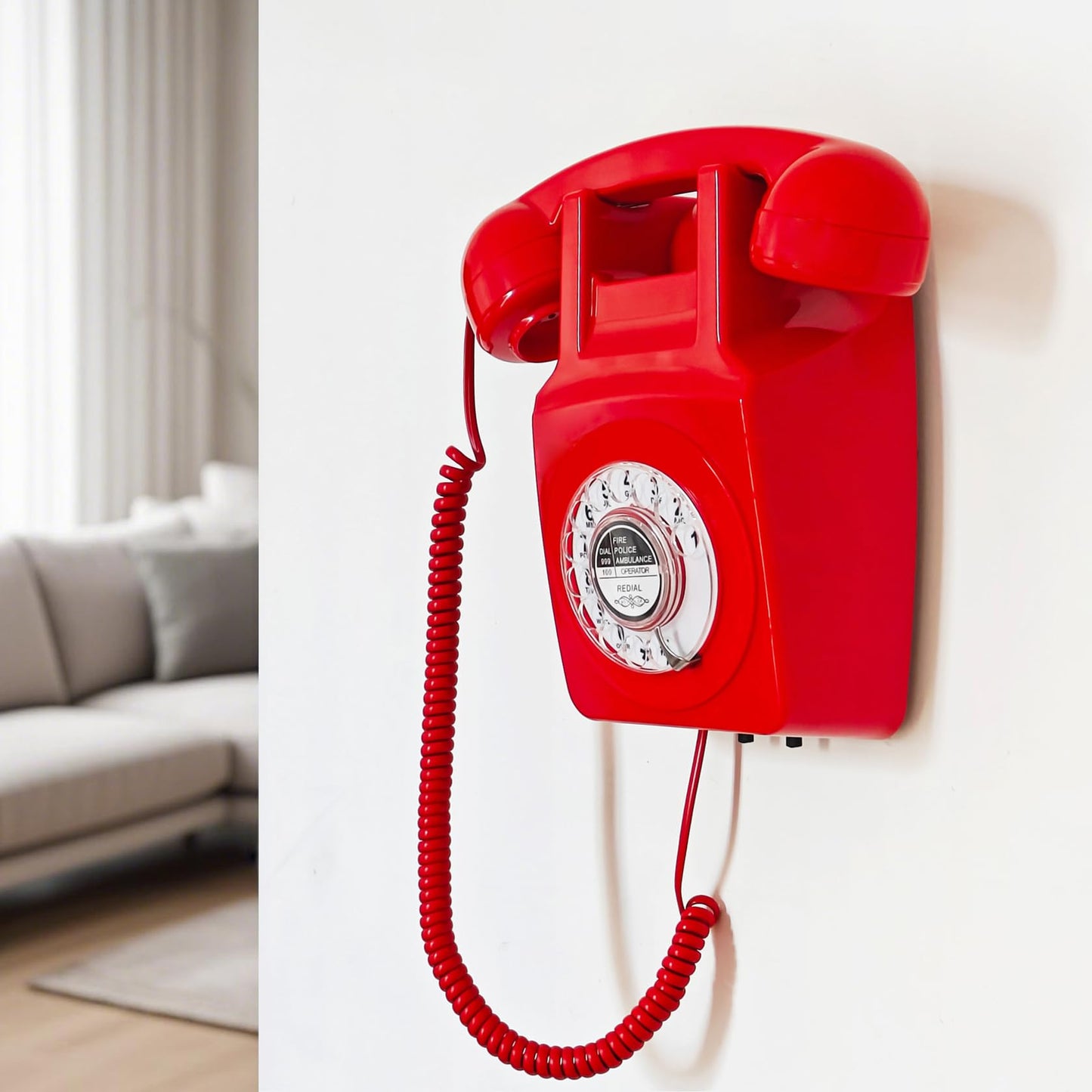 Teléfono de pared con cable con revisión, teléfono fijo retro rojo, teléfono de pared antiguo con remarcado para hogar, oficina, hotel, escuela, juego de teléfono con esfera giratoria clásico