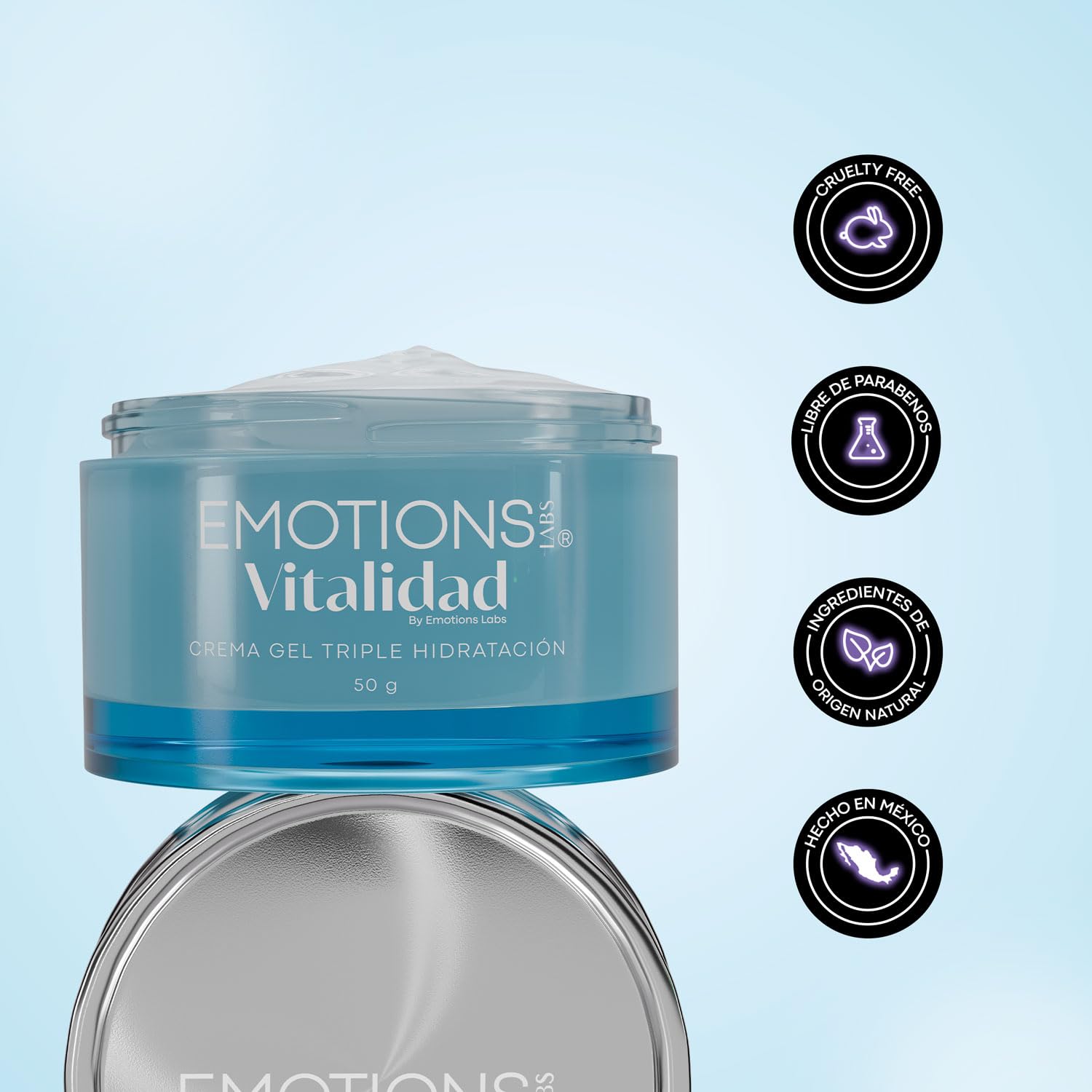 Emotions Labs |Crema Facial en Gel Vitalidad | Humectante| Con Ácido Hialurónico, Semilla de Sena y Alga Roja | Para Piel Seca | Uso Día y Noche | Contenido 70g