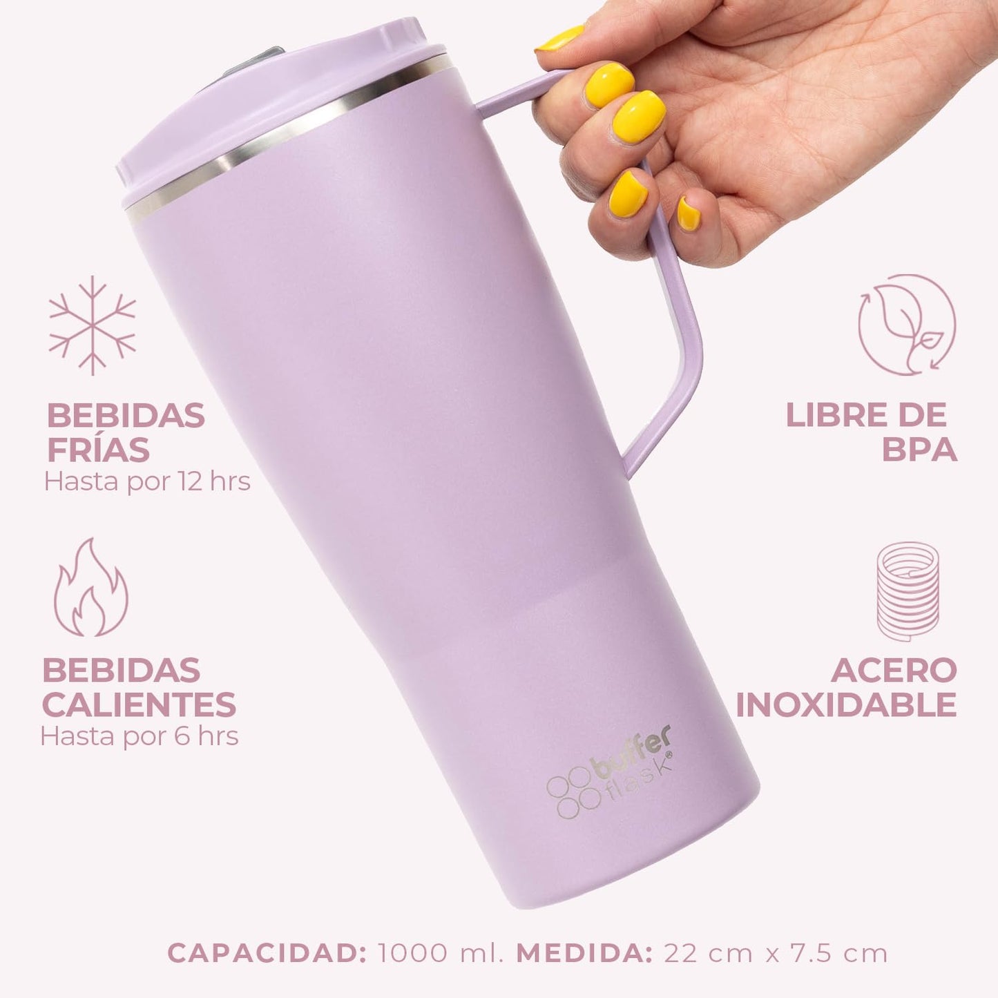 Buffer Flask - Vaso Térmico 1000 ml - Termo para Café y Agua de Acero Inoxidable - Tapa Anti Derrame y Fugas - Taza Tumbler Mug para Bebidas Frías y Calientes - Incluye Popote - Color Lila