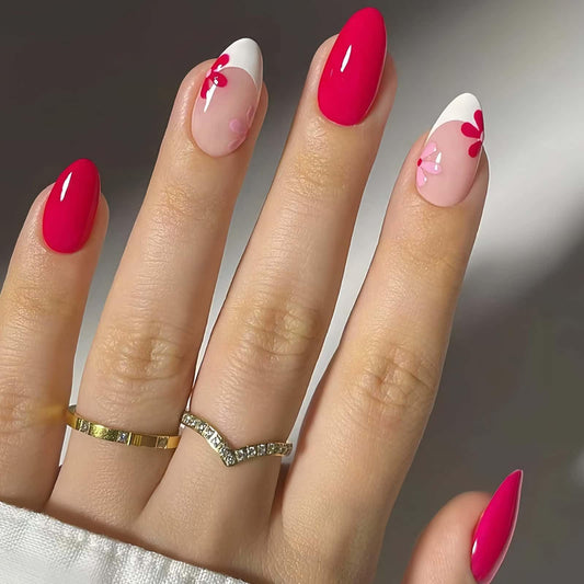 CLYHLTMZ Uñas francesas prensadas, removibles, almendra, cortas, adhesivas, color rosa, rojo, cobertura total, uñas postizas con diseños de flores, fáciles de usar para uso diario y fiestas, 24 unidad