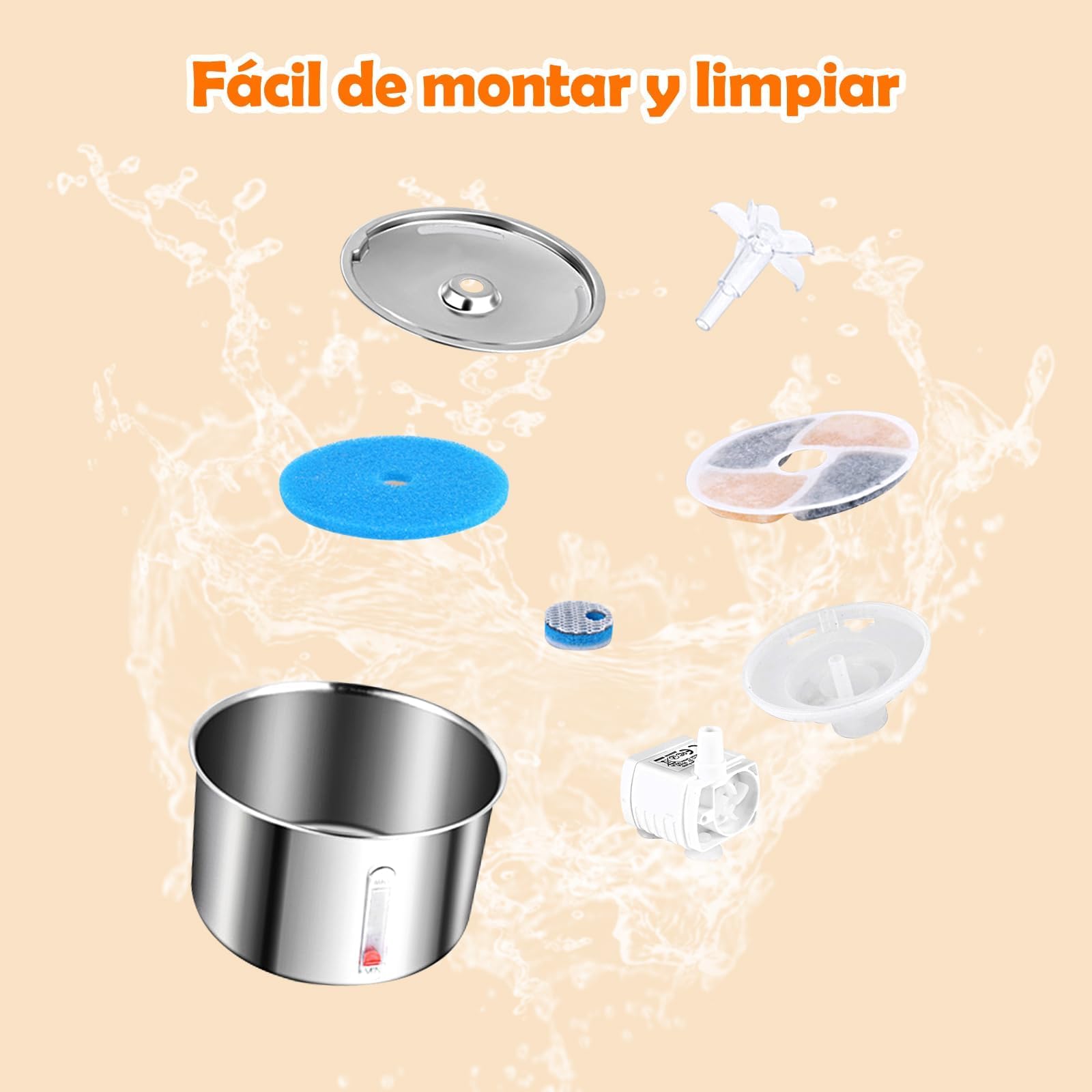 Fuente de agua para gato, Bebedero para gato de acero inoxidable 304, 5 filtros para fuente de gatos, bebedero para perro y gato para de 2L,Súper silenciosa,Mantén limpia el agua potable de tu mascota