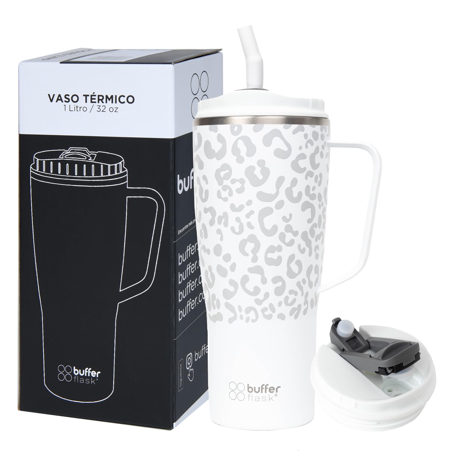 Buffer Flask - Vaso Térmico 1000 ml - Termo para Café y Agua de Acero Inoxidable - Tapa Anti Derrame y Fugas - Taza Tumbler Mug para Bebidas Frías y Calientes - Incluye Popote - Color Leopardo Blanco