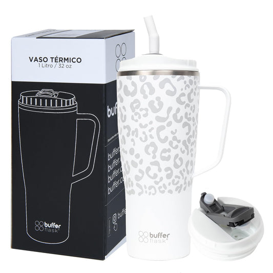 Buffer Flask - Vaso Térmico 1000 ml - Termo para Café y Agua de Acero Inoxidable - Tapa Anti Derrame y Fugas - Taza Tumbler Mug para Bebidas Frías y Calientes - Incluye Popote - Color Leopardo Blanco