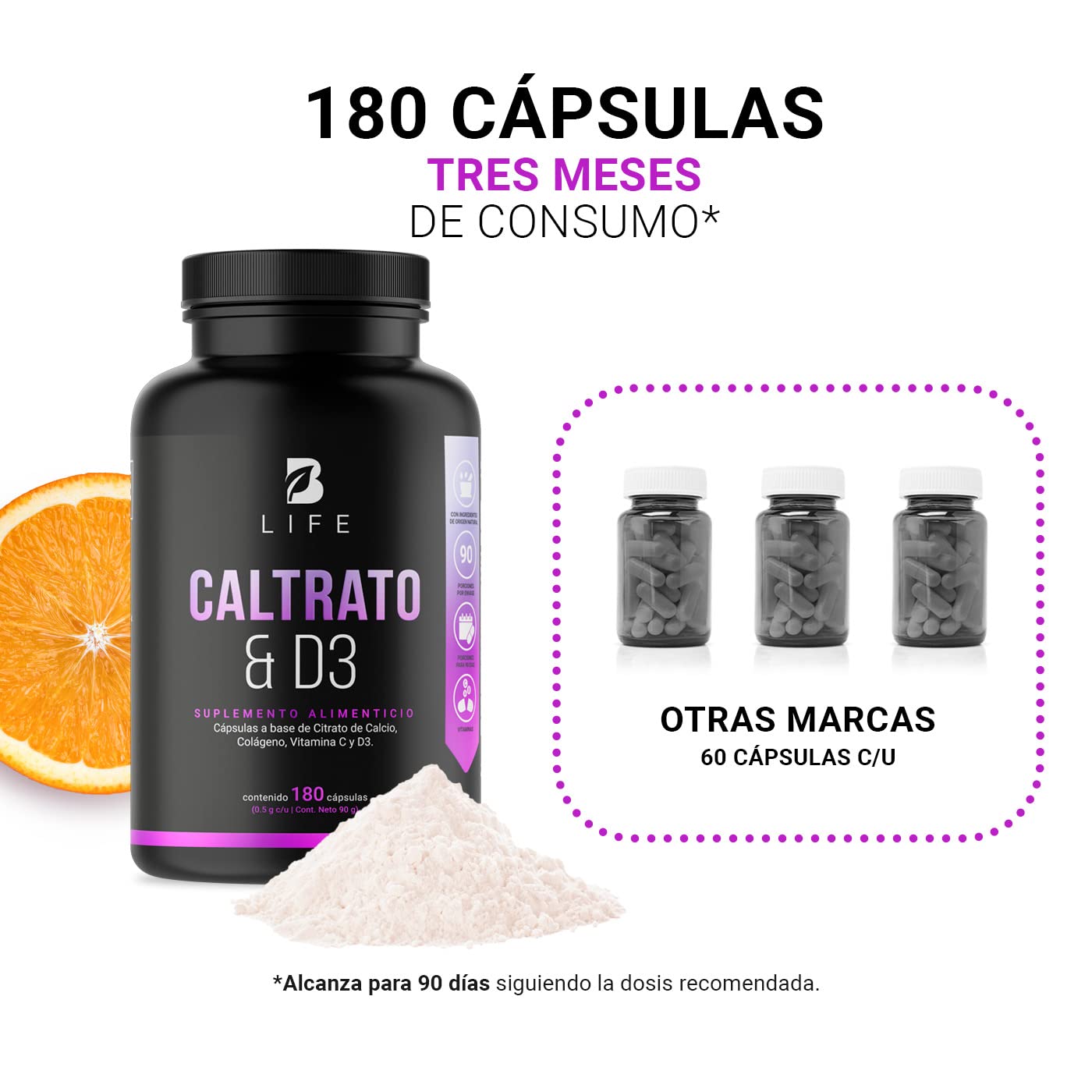 Citrato de Calcio de 180 Cápsulas 1000 mg por porción, Adicionado con D3, Colágeno Hidrolizado y Vitamina C. Caltrato & D3 B Life.