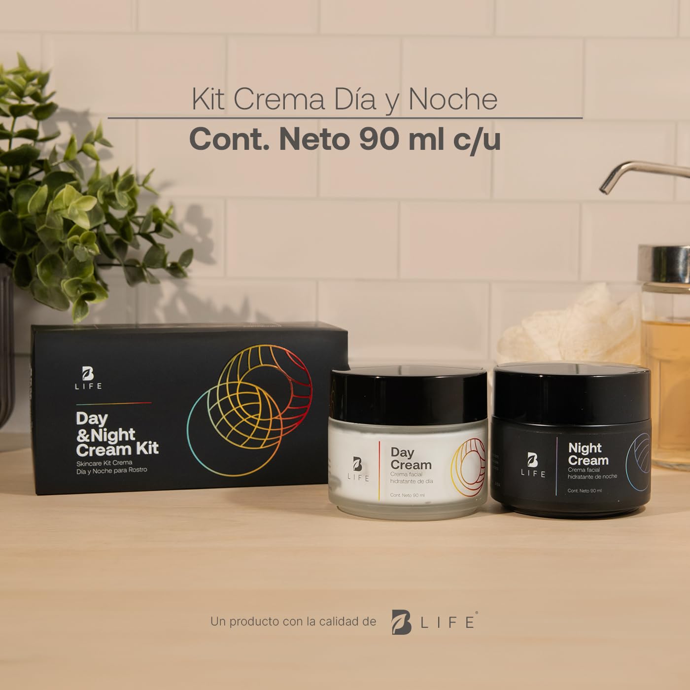 Kit Crema Día y Noche para Rostro de 90 ml C/U. Ingredientes Naturales. Adicionada con Vitamina C y Ácido Hialurónico. Kit Day and Night Cream B Life.