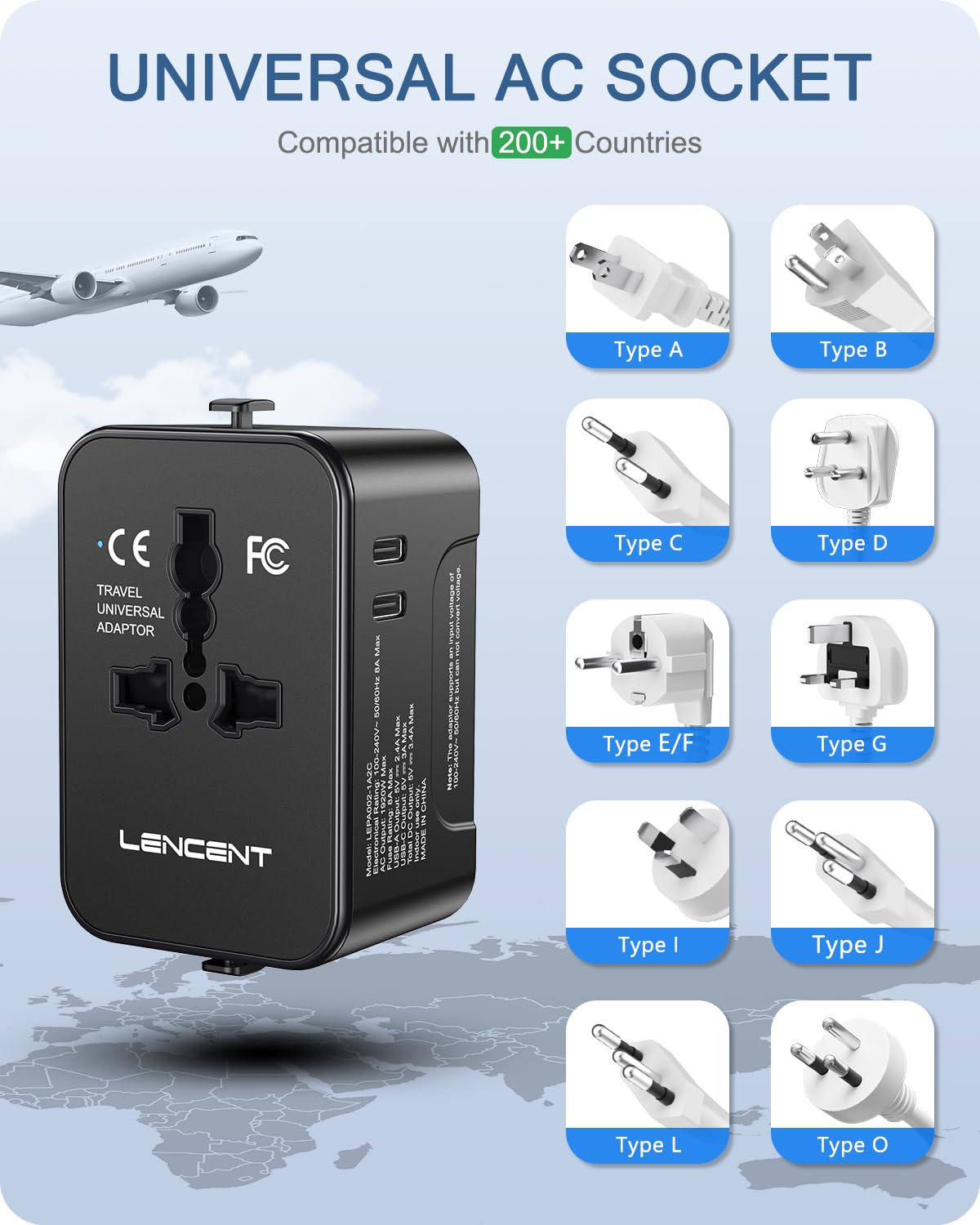 LENCENT Adaptador Universal de Viaje, Cargador Internacional con 1 USB-A y 2 USB-C, Todo en Uno Adaptador Internacional con Enchufe Tipo A/C/G/I, Ideal para USA/UE/UK/Australia/Argentina/Brasil/China