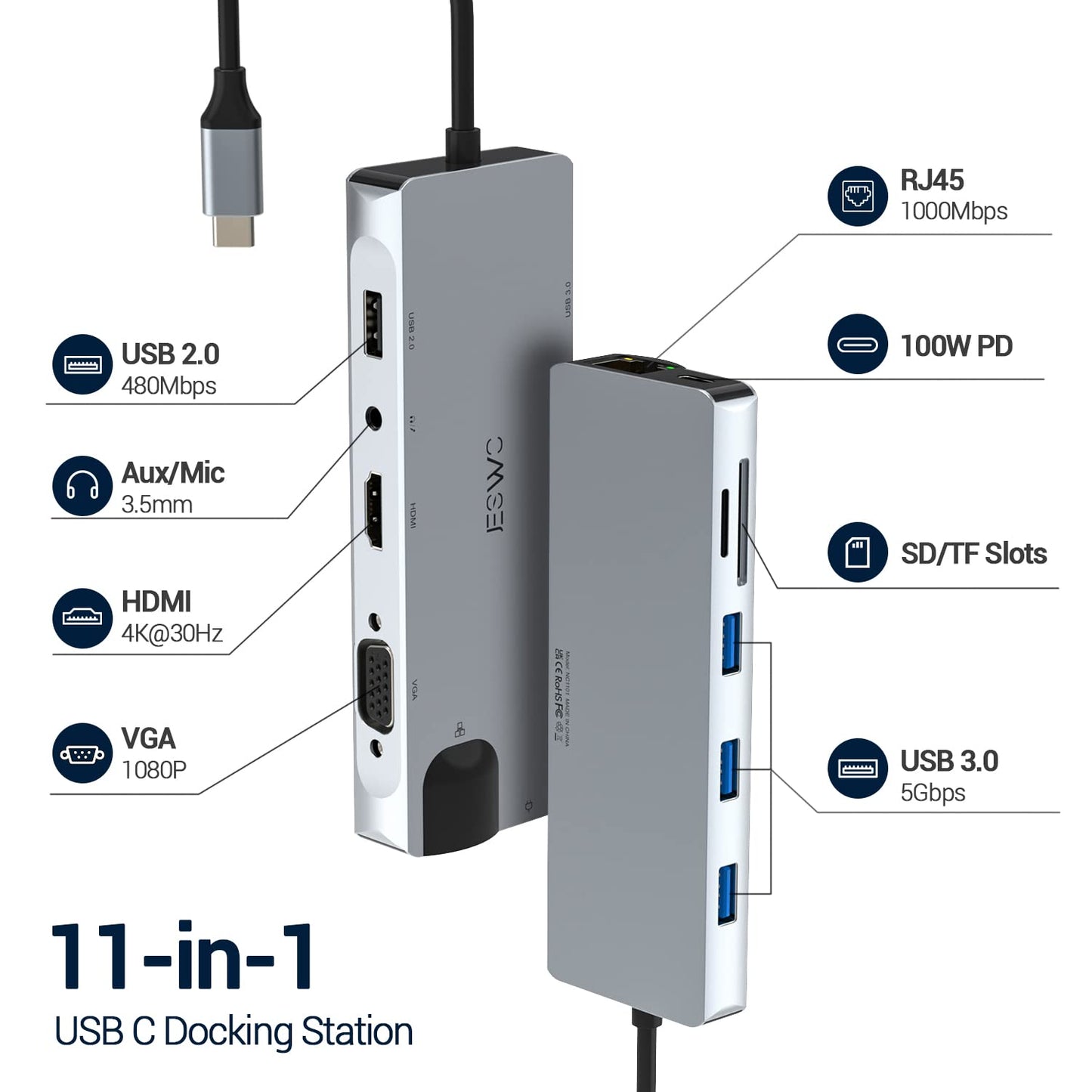 JESWO USB C Hub, 11 en 1 Adaptador Multipuerto Hub Tipo C con HDMI 4K, 3*USB 3.0, 2*USB 2.0, USB C 100W PD Carga, Ethernet de 1000 Mbps, Lector de Tarjetas SD/TF y VGA, Compatible con Macbook Pro/Air