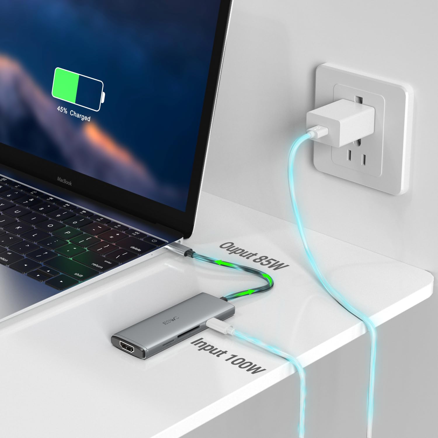 JESWO HUB USB C, 7 en 1 Adaptador USB C a HDMI 4K, USB 3.0, 2*USB 2.0, Lector Tarjeta SD/TF, USB C 100W PD Carga, Adaptador Tipo C para MacBook, MacBook Pro, Macbook Air, DELL, Surface etc. (Gris)