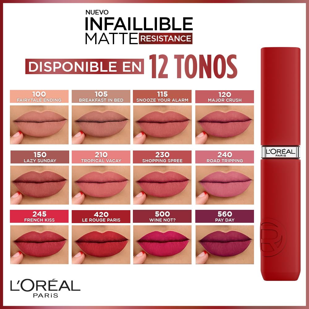 L'Oréal Paris, Infallible Le Matte Resistance, Labial Líquido Mate Larga Duración 16hr, Color Intenso con Ácido Hialurónico, Tono Wine Not? 500, 5ml