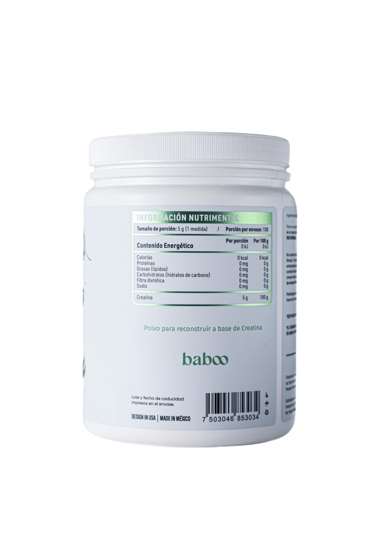 Baboo CREATINA Monohidratada PREMIUM 5g 100 Servicios 500g, Sin Sabor, Pre Workout, Alto Rendimiento, Alta Pureza, Pre Entreno