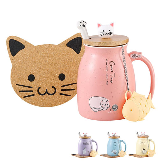 BigNoseDeer Taza de té Kawaii con infusor de gato lindo taza de café de cerámica, taza de té, color rosa, lindo, regalo para mujeres, amantes de los gatos, regalos de 13 onzas