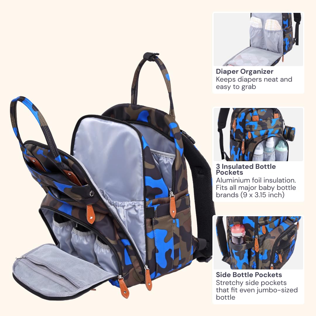 BabbleRoo Mochila de Pañales de Cuero - Bolsa de Viaje para Bebé con Artículos Esenciales, Multifunción, con Almohadilla Cambiadora, Correas para Carriola y Estuche para Chupete – Unisex, Negro