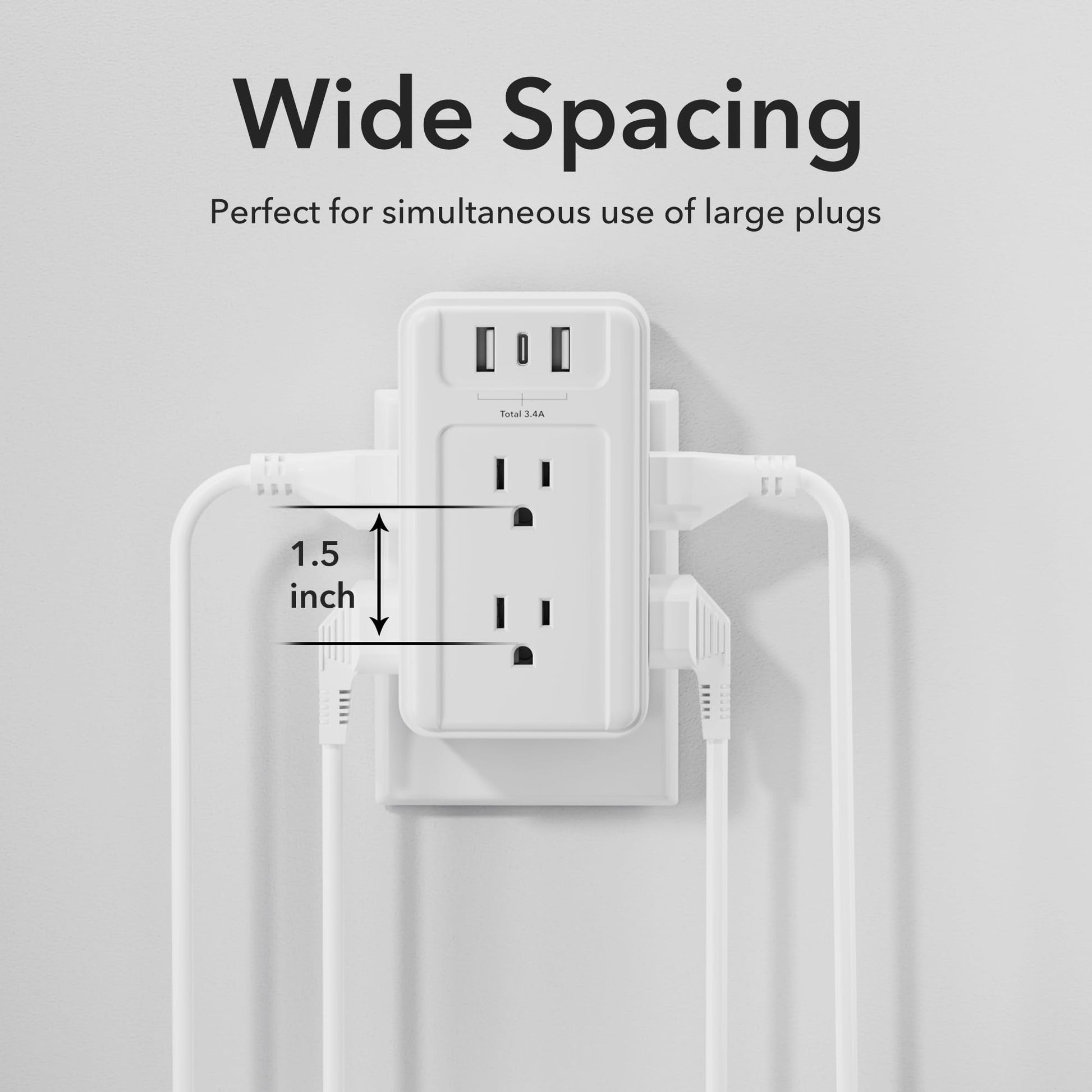 BN-LINK - Extensor de enchufe múltiple de 6 salidas de pared con 3 puertos de carga USB (1 USB C) Total 3.4A, divisor de 3 lados, enchufe de pared múltiple para hogar, oficina, recámara