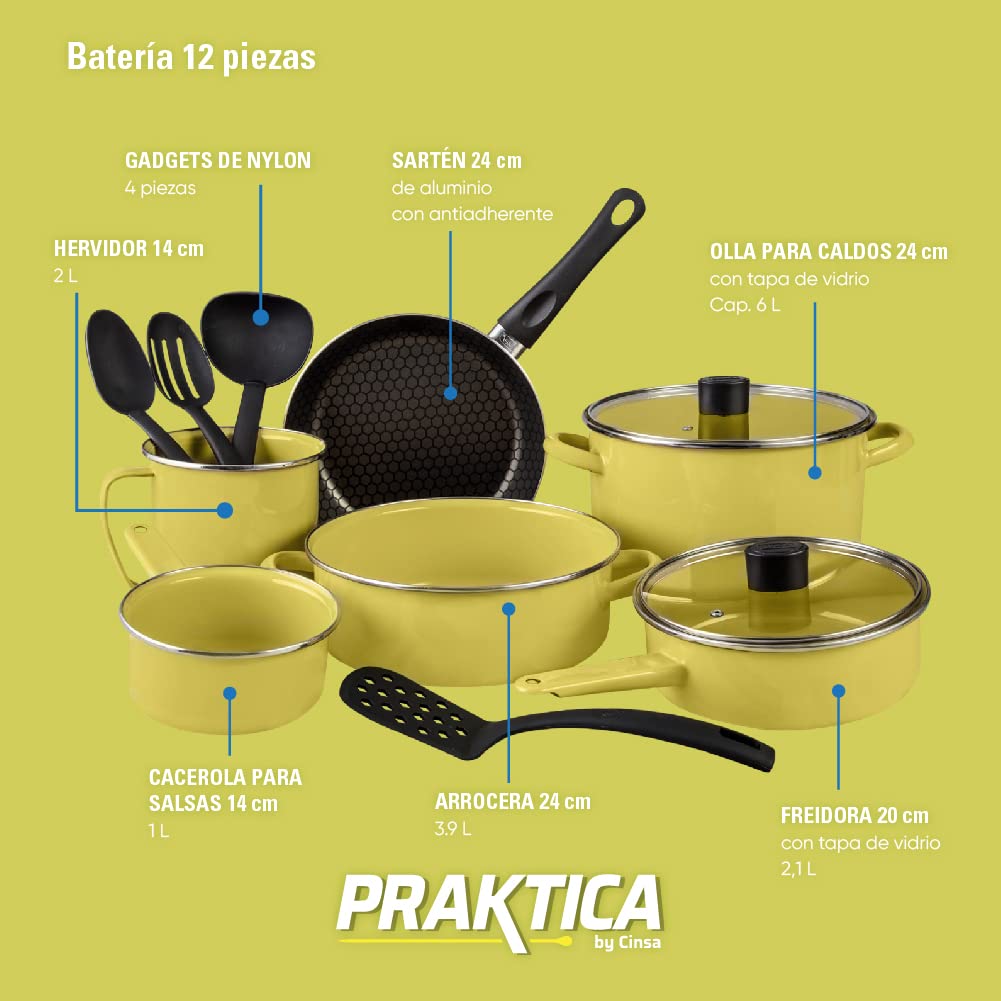Cinsa Batería de cocina Praktica12 piezas, acero vitrificado con anillo inox, sartén aluminio con antiadherente, tapas planas de vidrio templado (Lima)